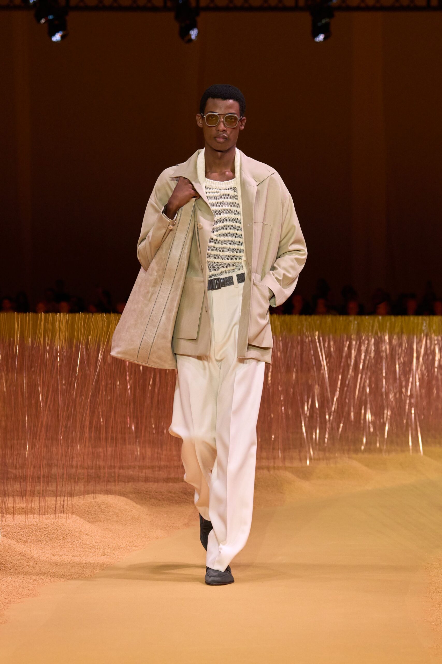 beige jacket white shirt tailored pants