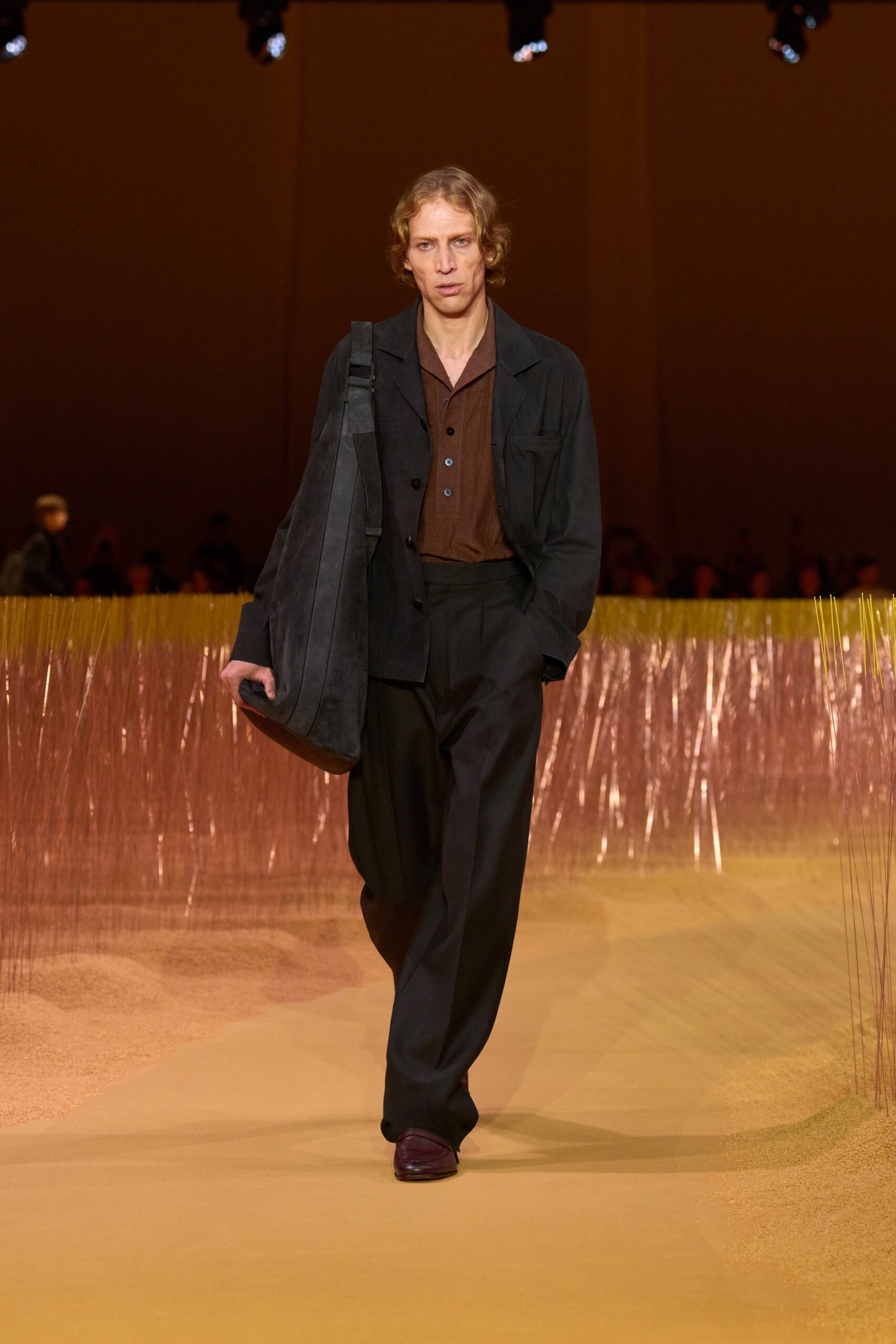 black relaxed jacket with brown shirt