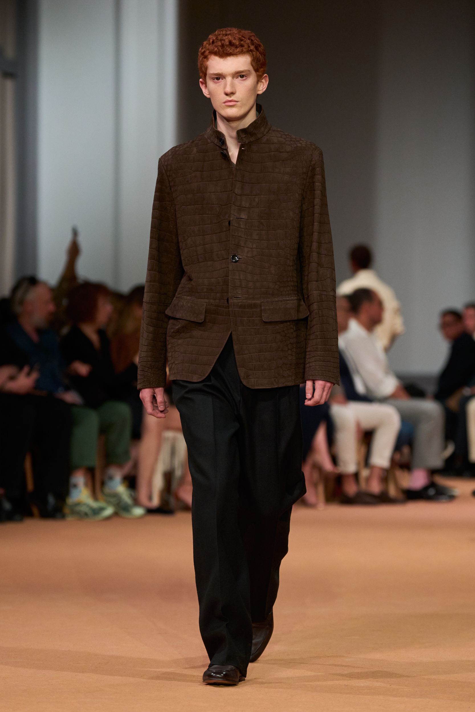 brown cotton long-sleeve collared tailored checked jacket