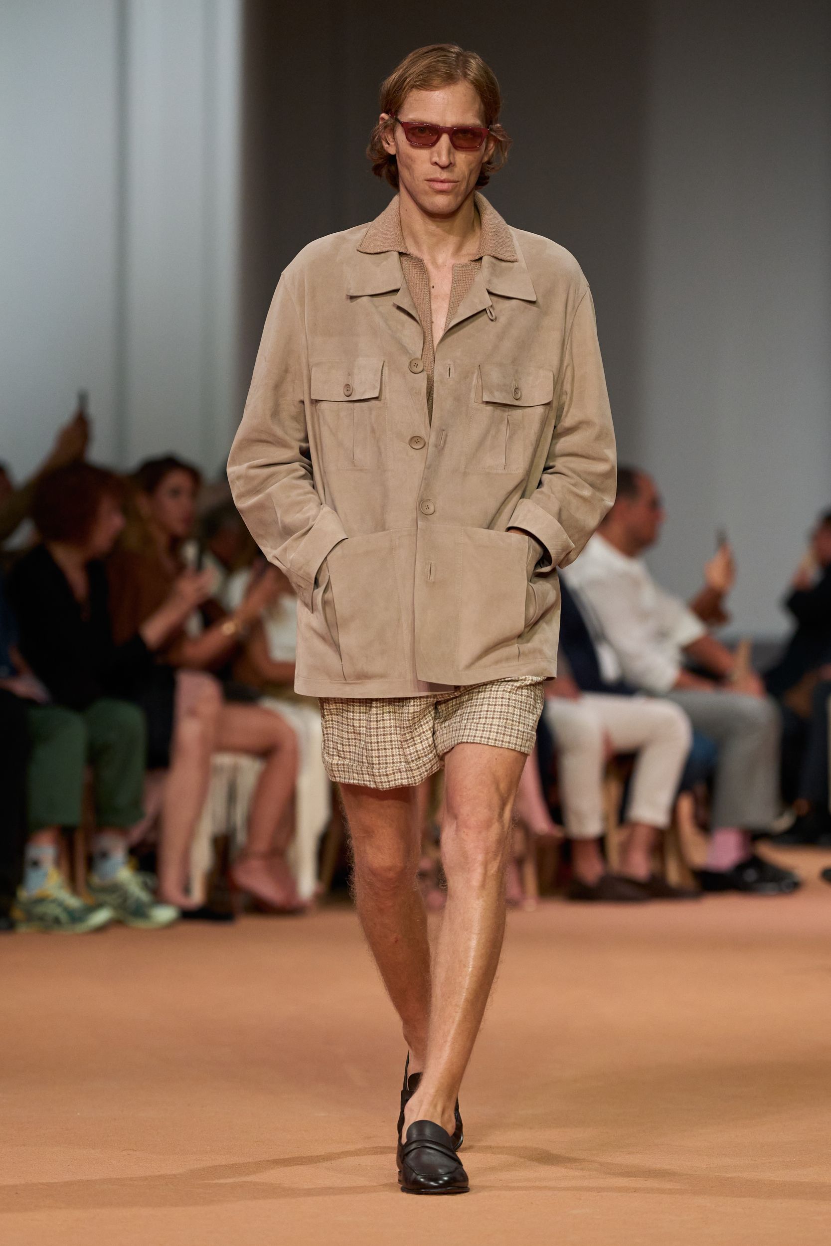 beige suede long-sleeve collared relaxed buttoned jacket