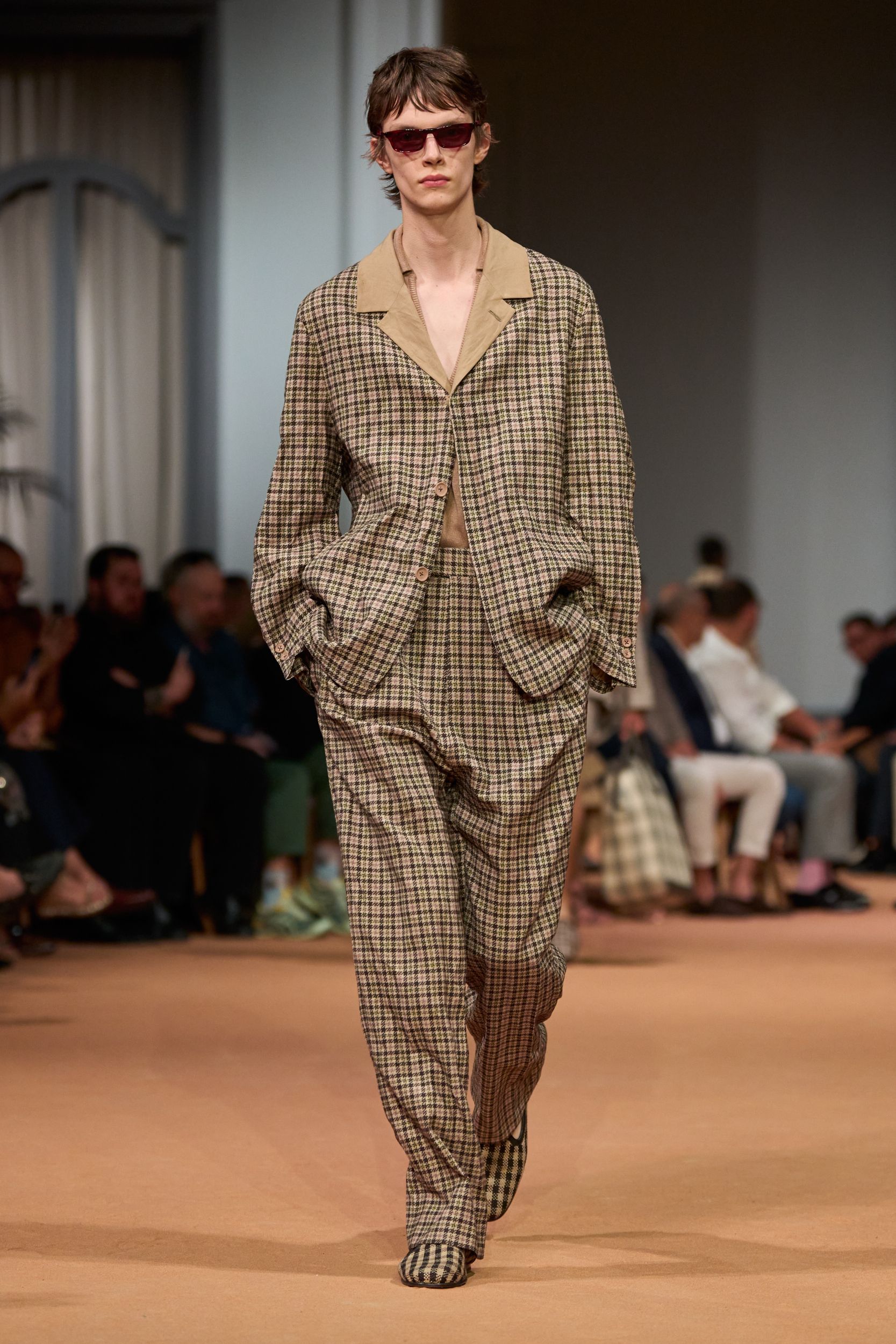 beige cotton relaxed checked pants