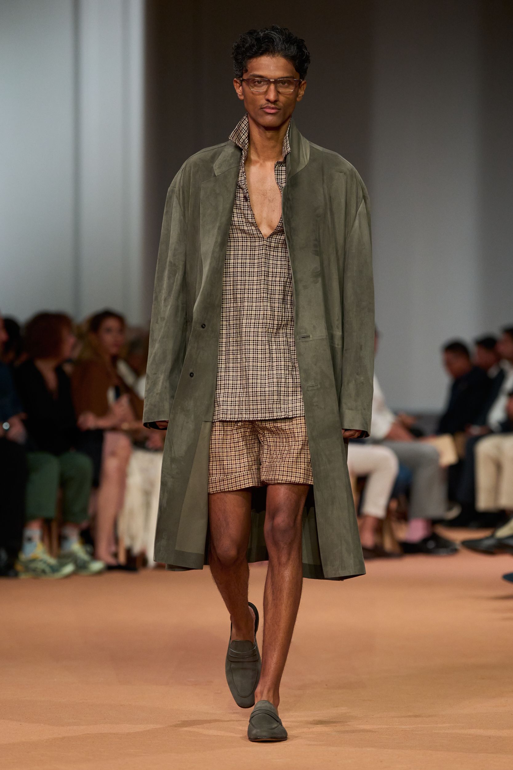 green suede long-sleeve collared relaxed coat