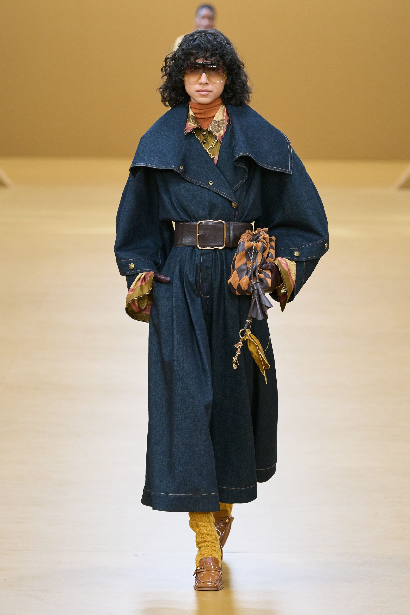 blue denim long-sleeve collared relaxed belted midi coat