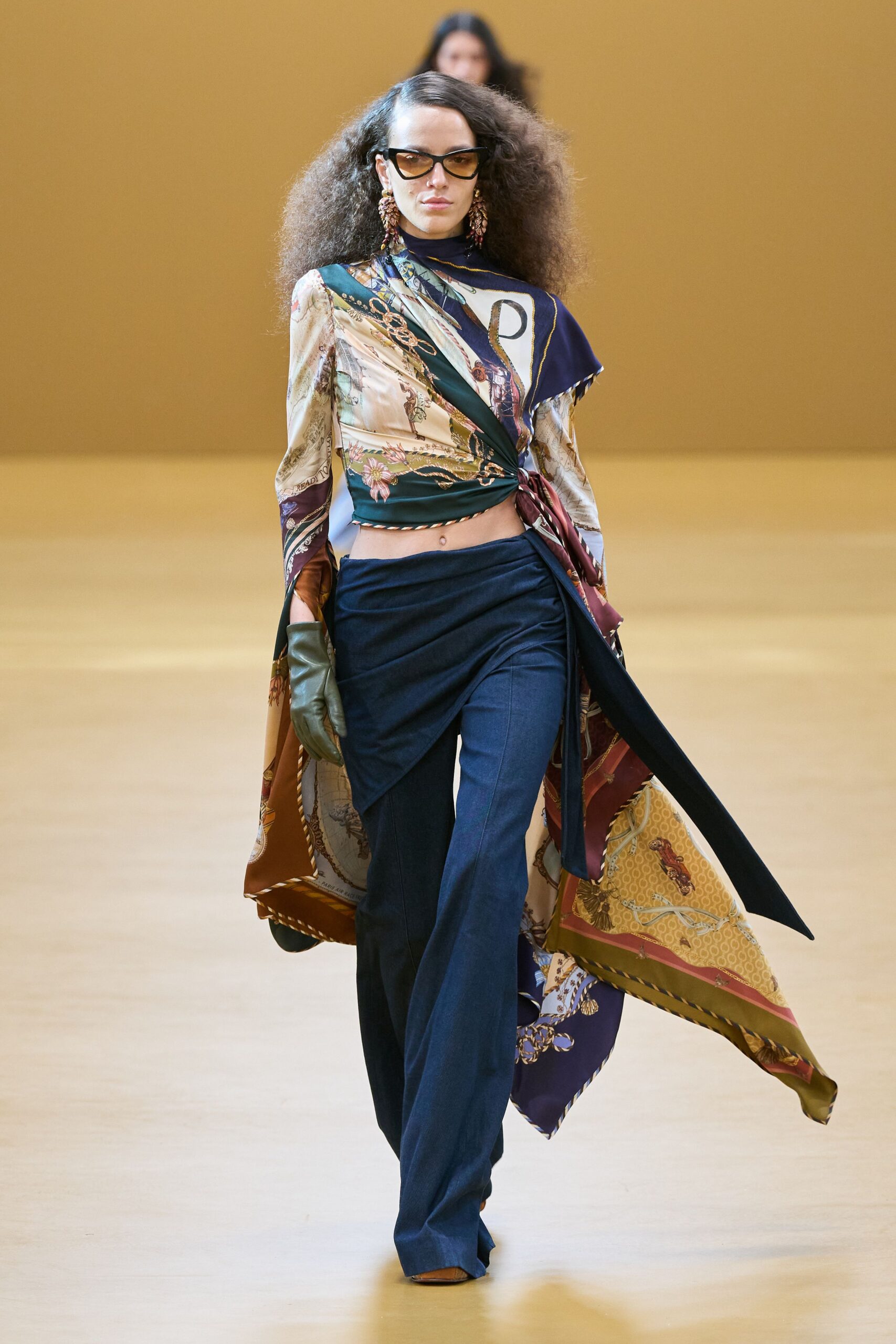multi silk long-sleeve v-neck fitted layered printed top