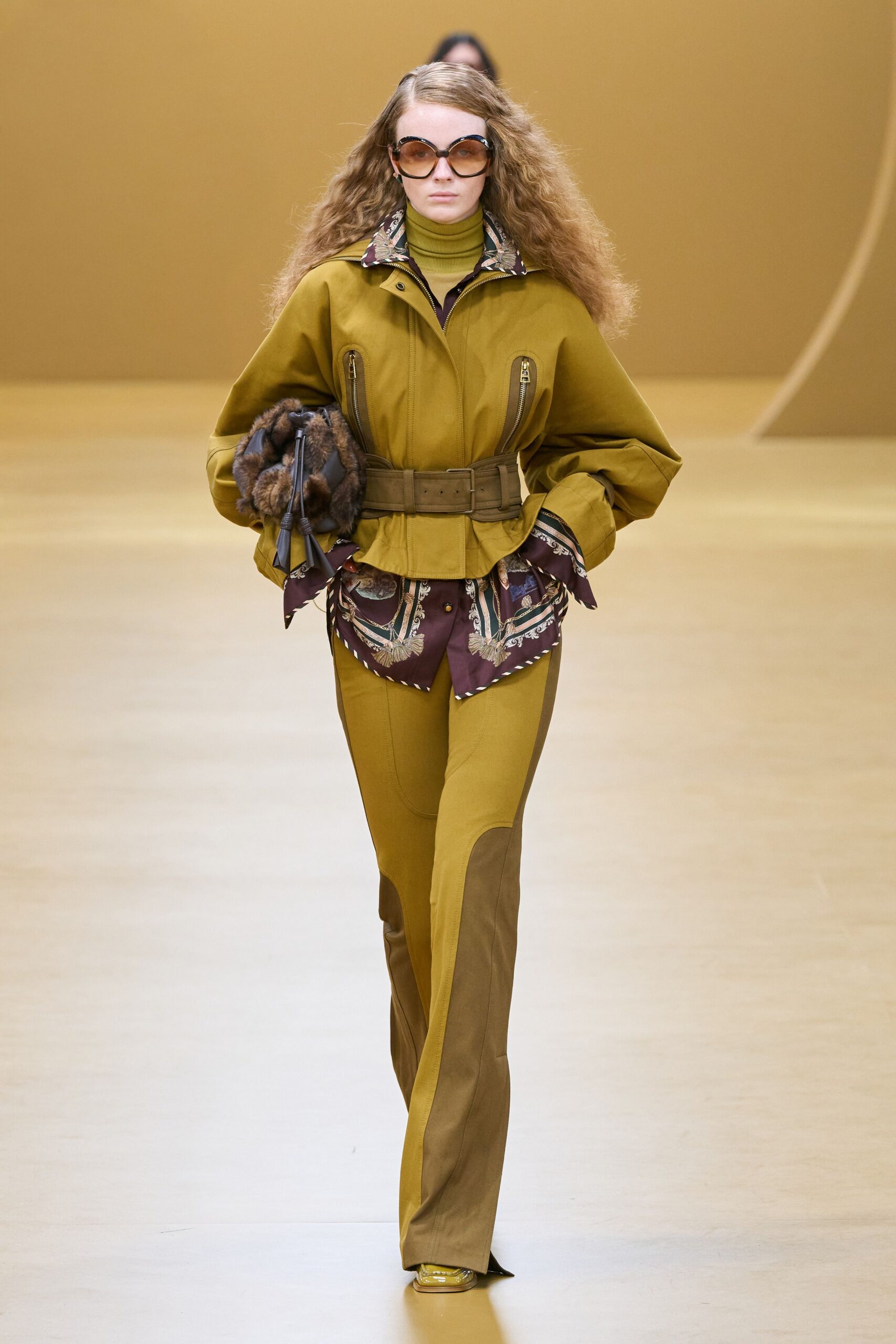 yellow cotton long-sleeve collared fitted zippered belted jacket