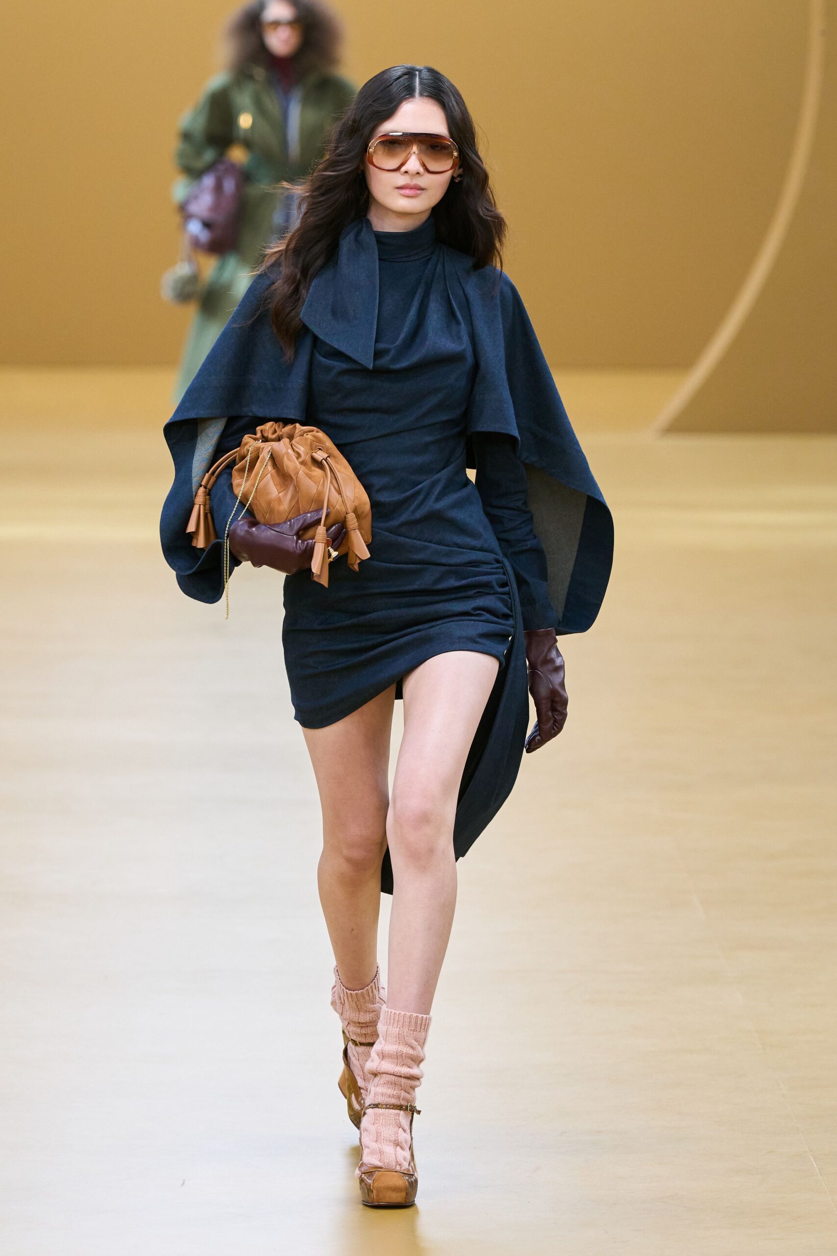 blue cotton long-sleeve high-neck fitted ruched mini dress