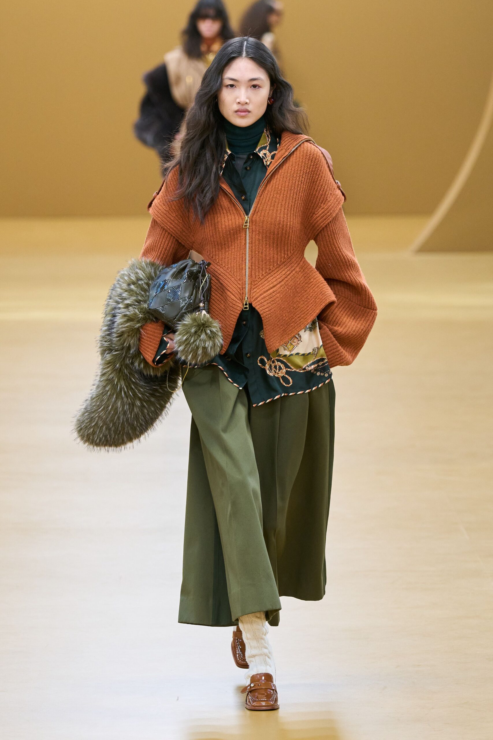orange wool long-sleeve collared relaxed zippered layered jacket