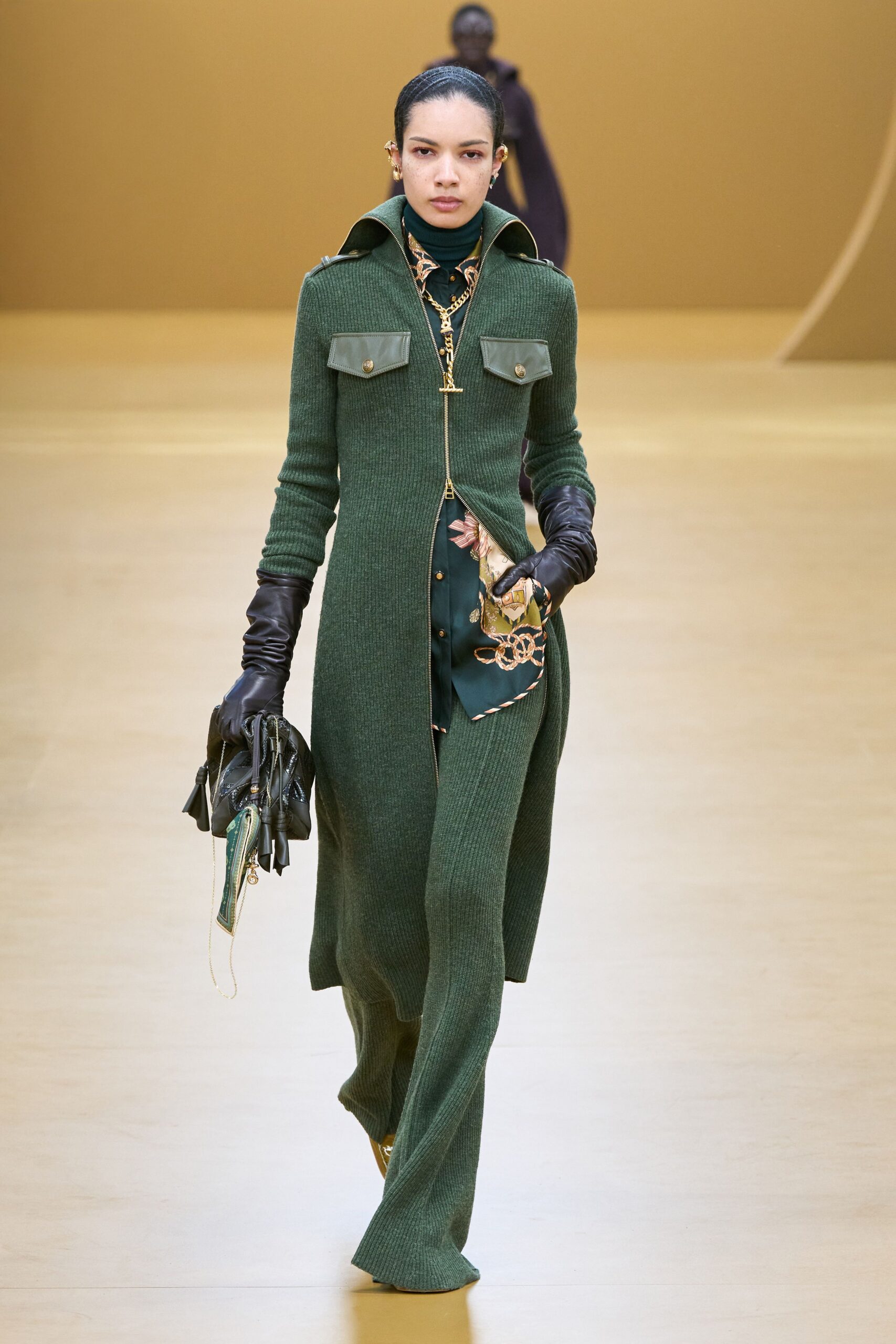 green wool long-sleeve collared fitted zippered pockets dress
