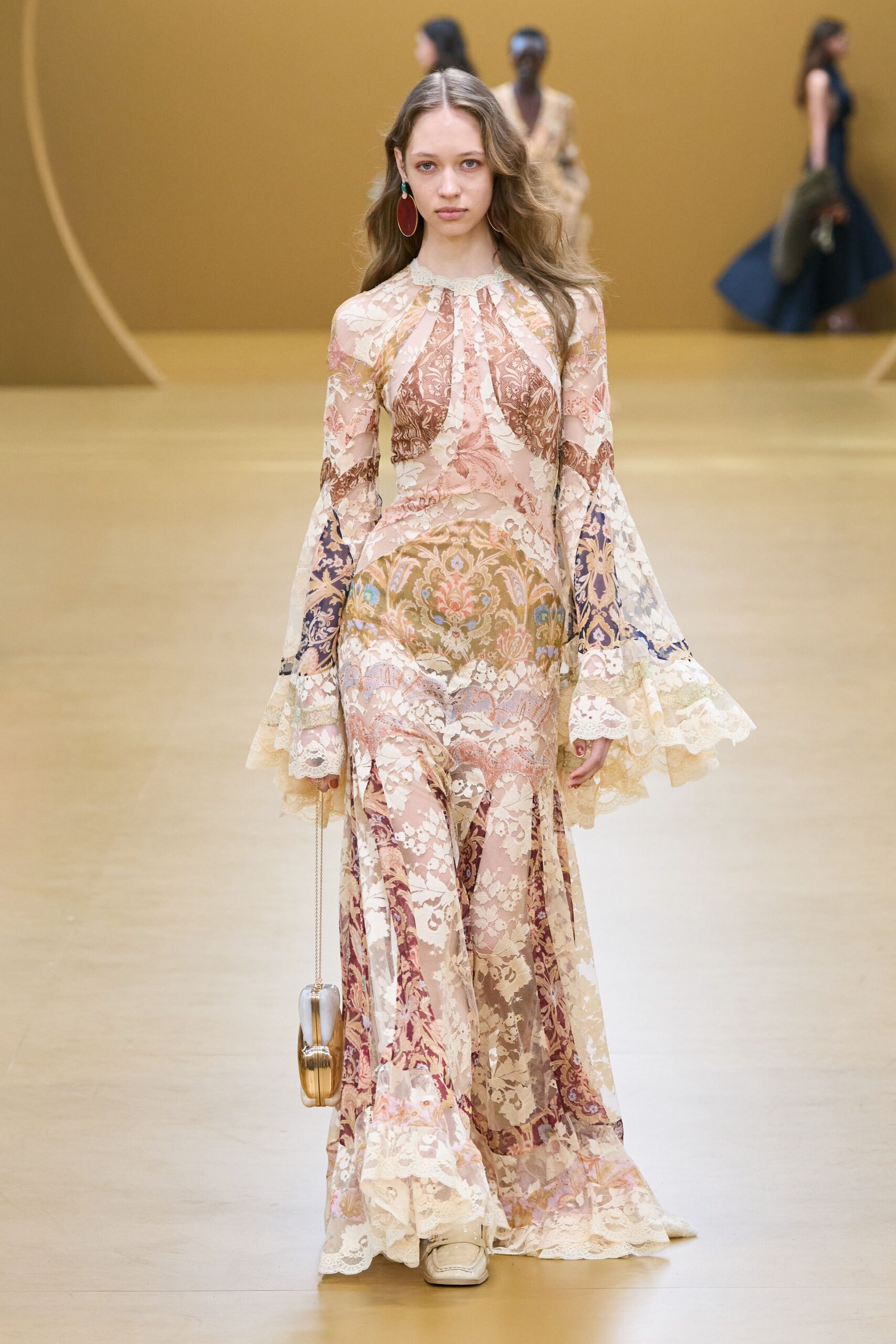 beige lace long-sleeve high-neck fitted flared embroidered gown