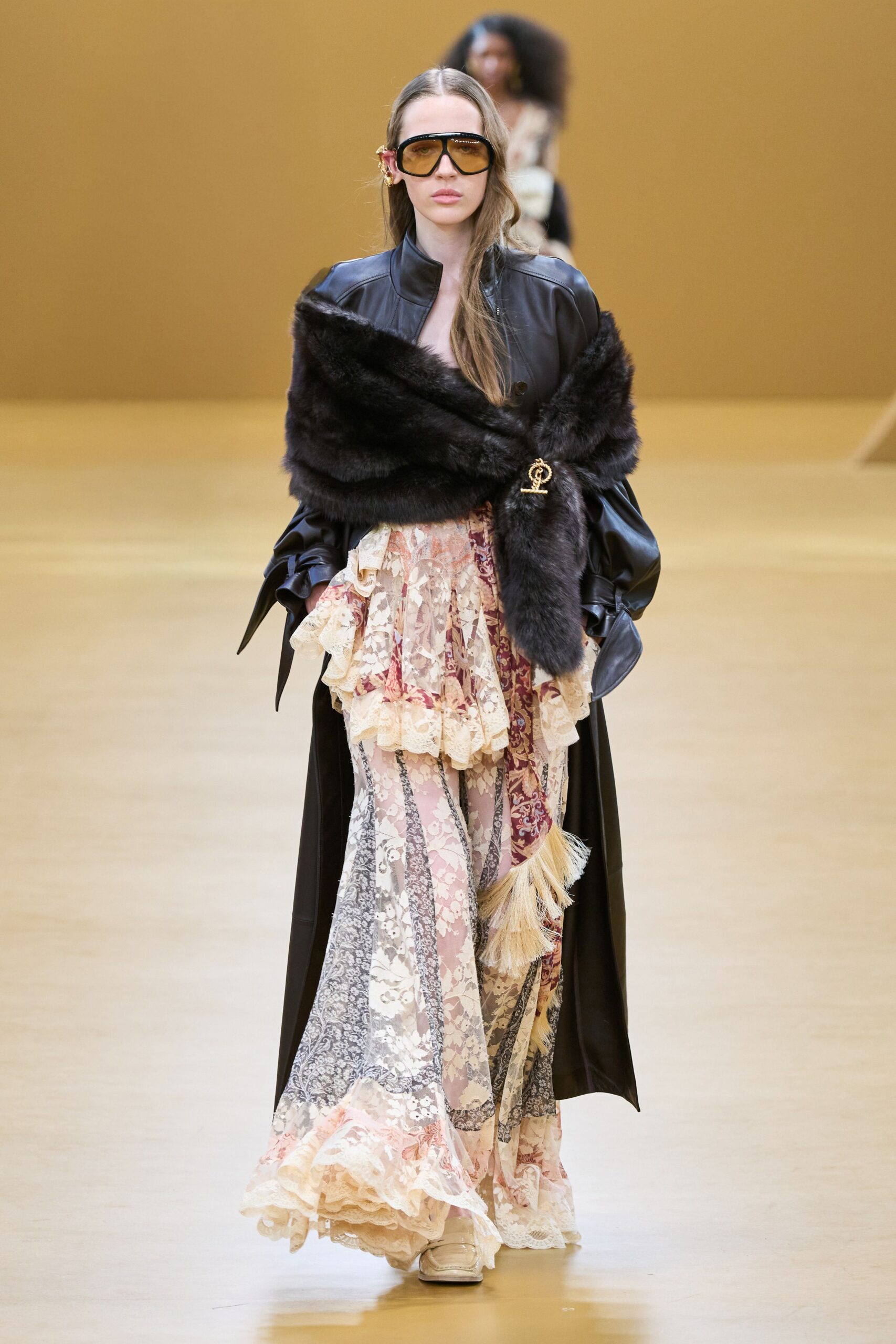 multi lace long-sleeve fitted layered ruffled maxi gown