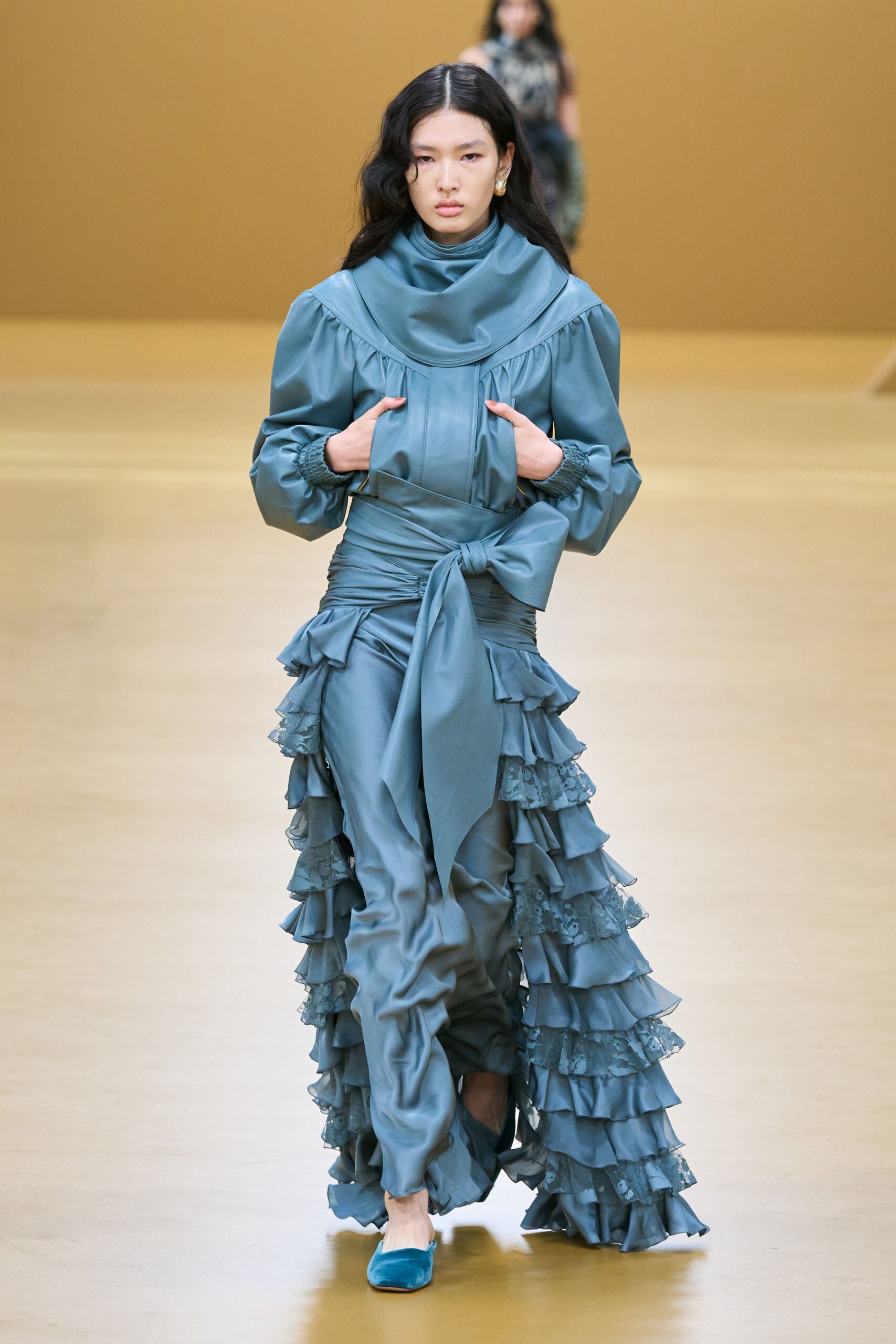 blue silk long-sleeve v-neck fitted ruffled layered dress