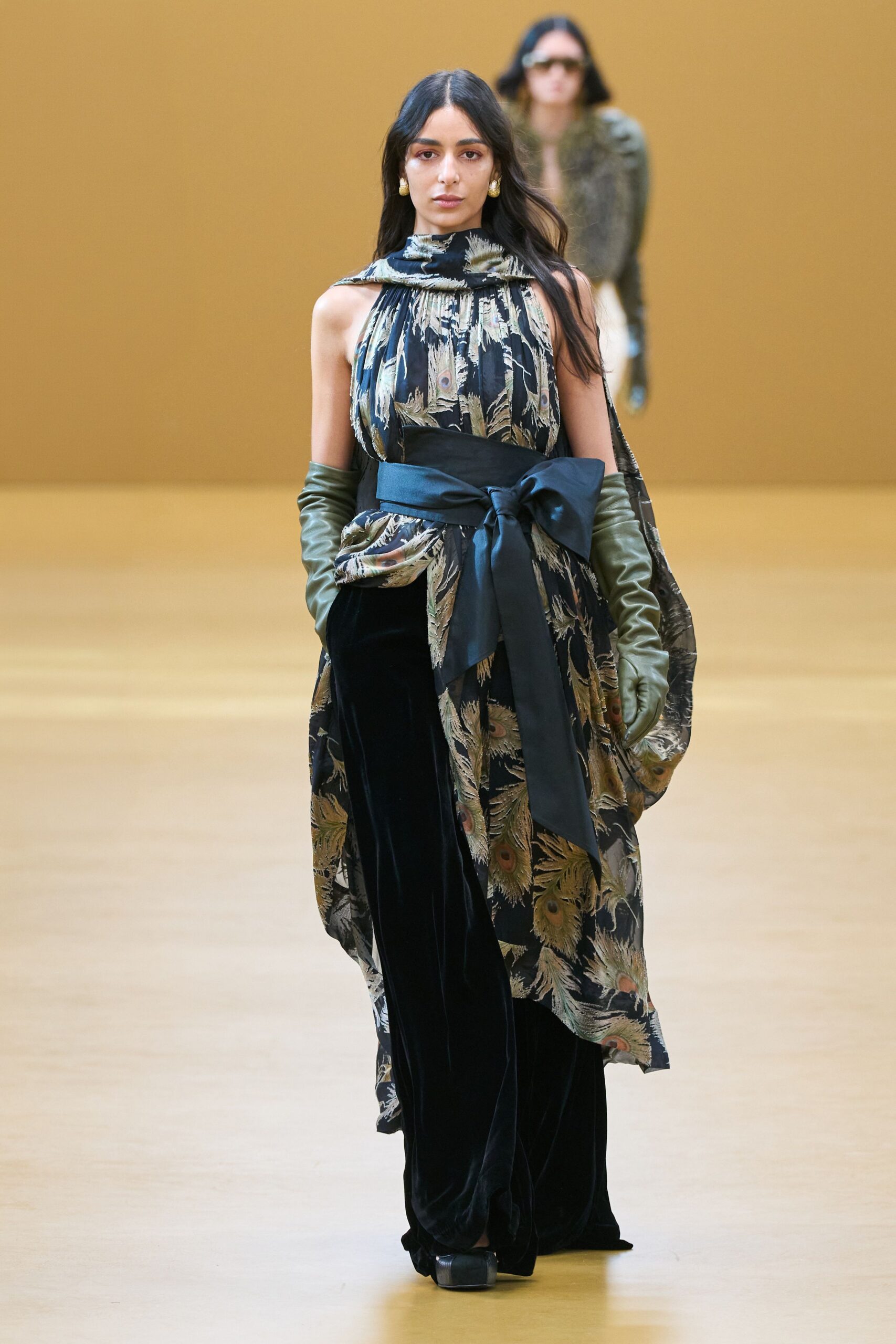 black velvet sleeveless high-neck fitted draped layered dress