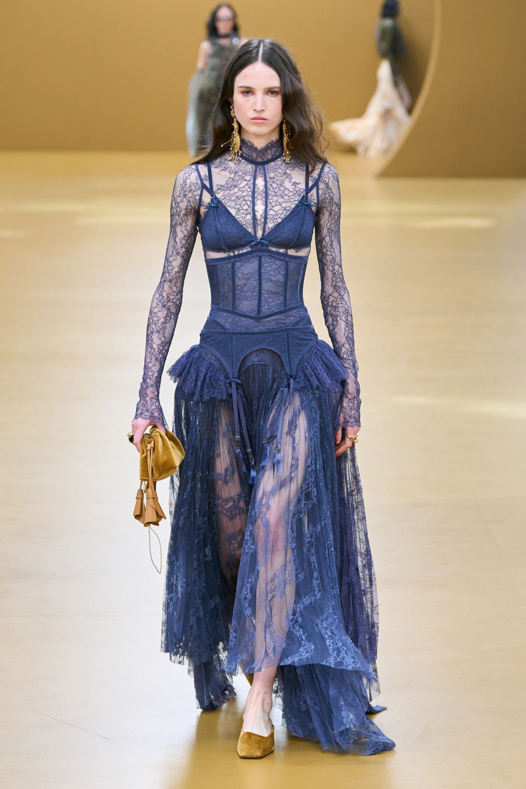 blue lace long-sleeve v-neck fitted layered ruffled gown