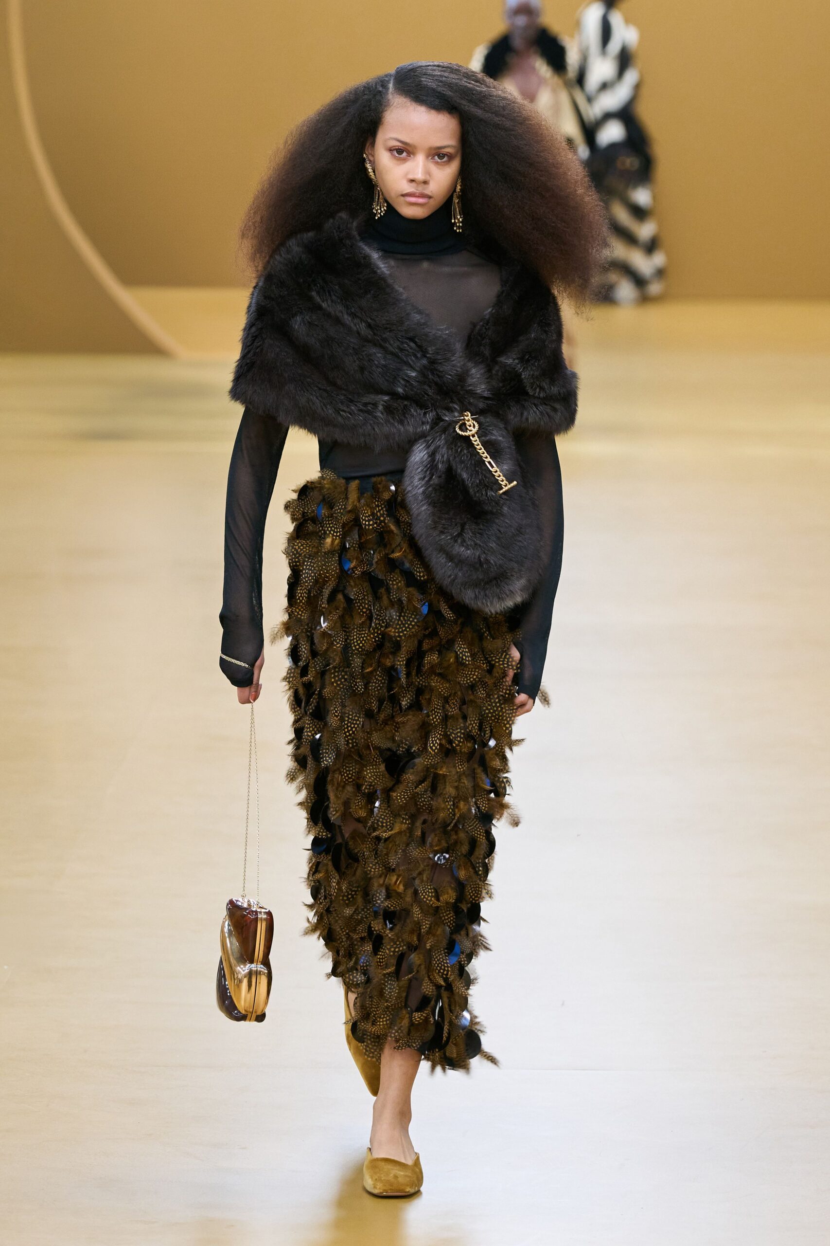 brown fur fitted layered skirt