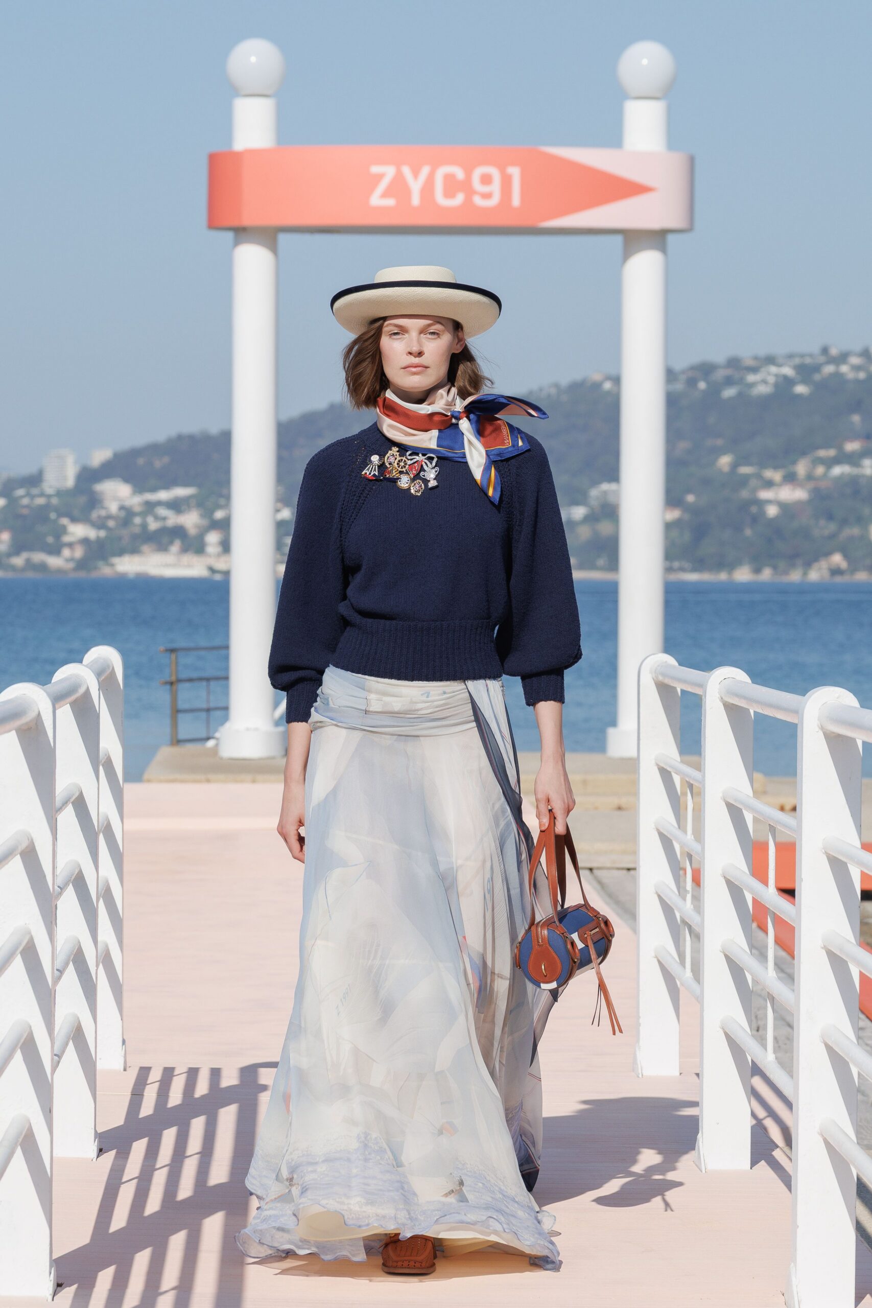 blue cotton long-sleeve collared relaxed embroidered sweater