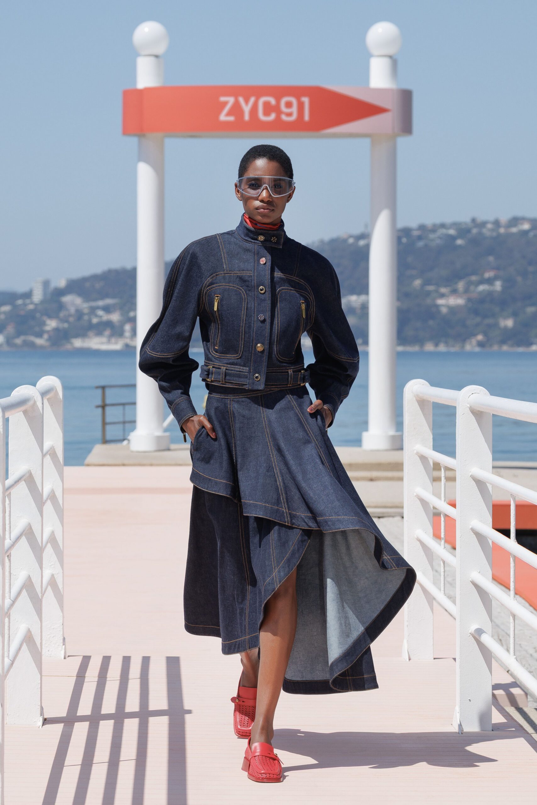 blue denim long-sleeve collared fitted buttoned jacket