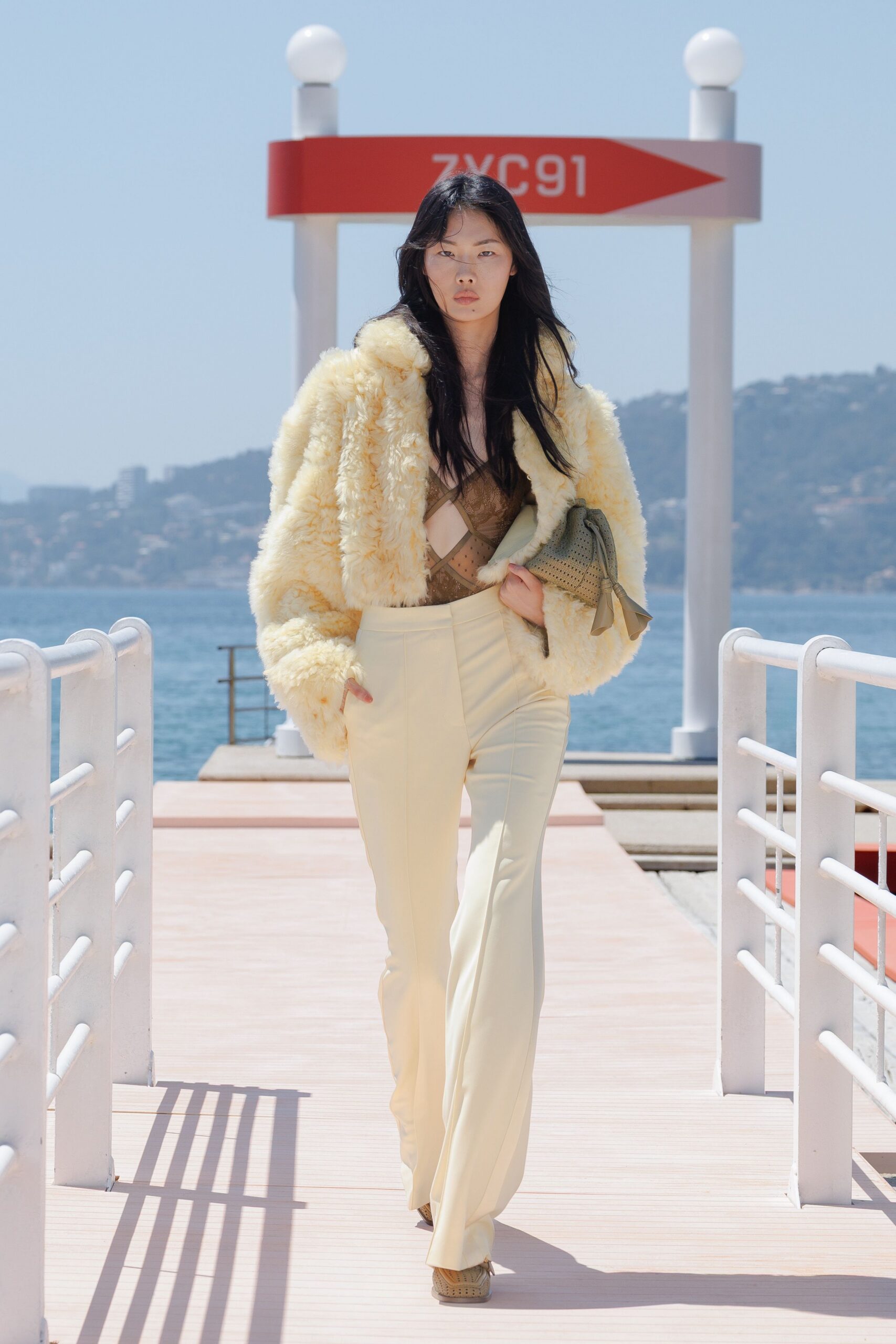 yellow faux-fur long-sleeve relaxed textured jacket