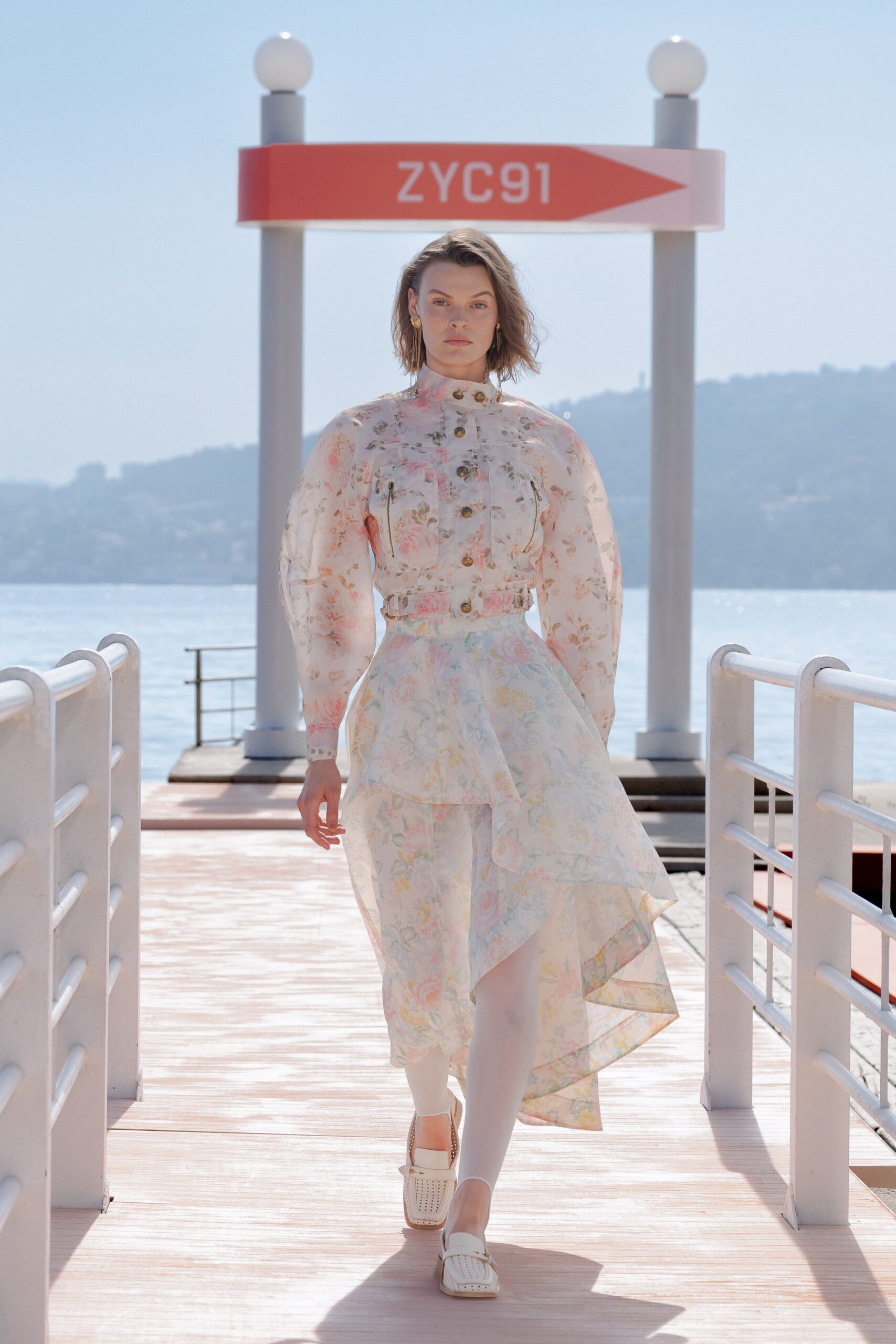 white silk long-sleeve high-neck fitted floral tiered dress