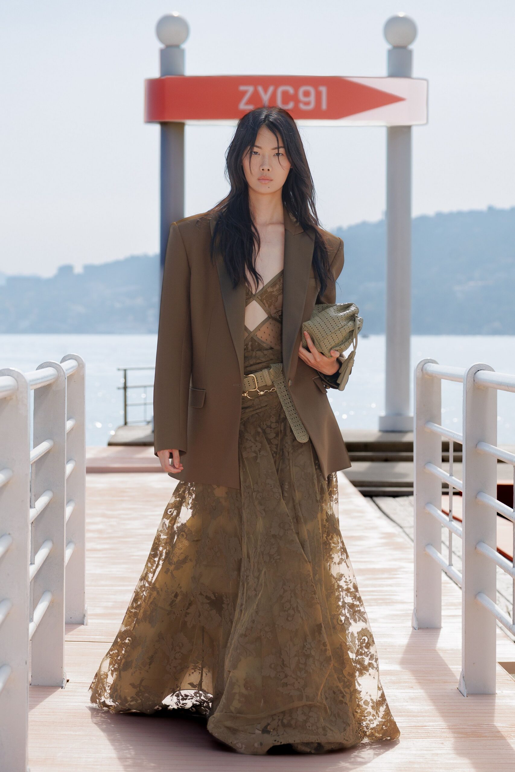 brown lace sleeveless v-neck fitted layered embroidered gown