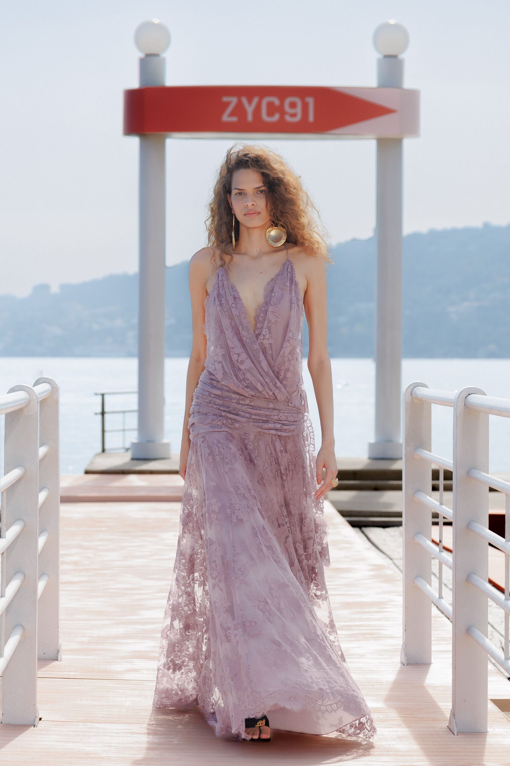 purple lace sleeveless v-neck fitted ruched layered gown