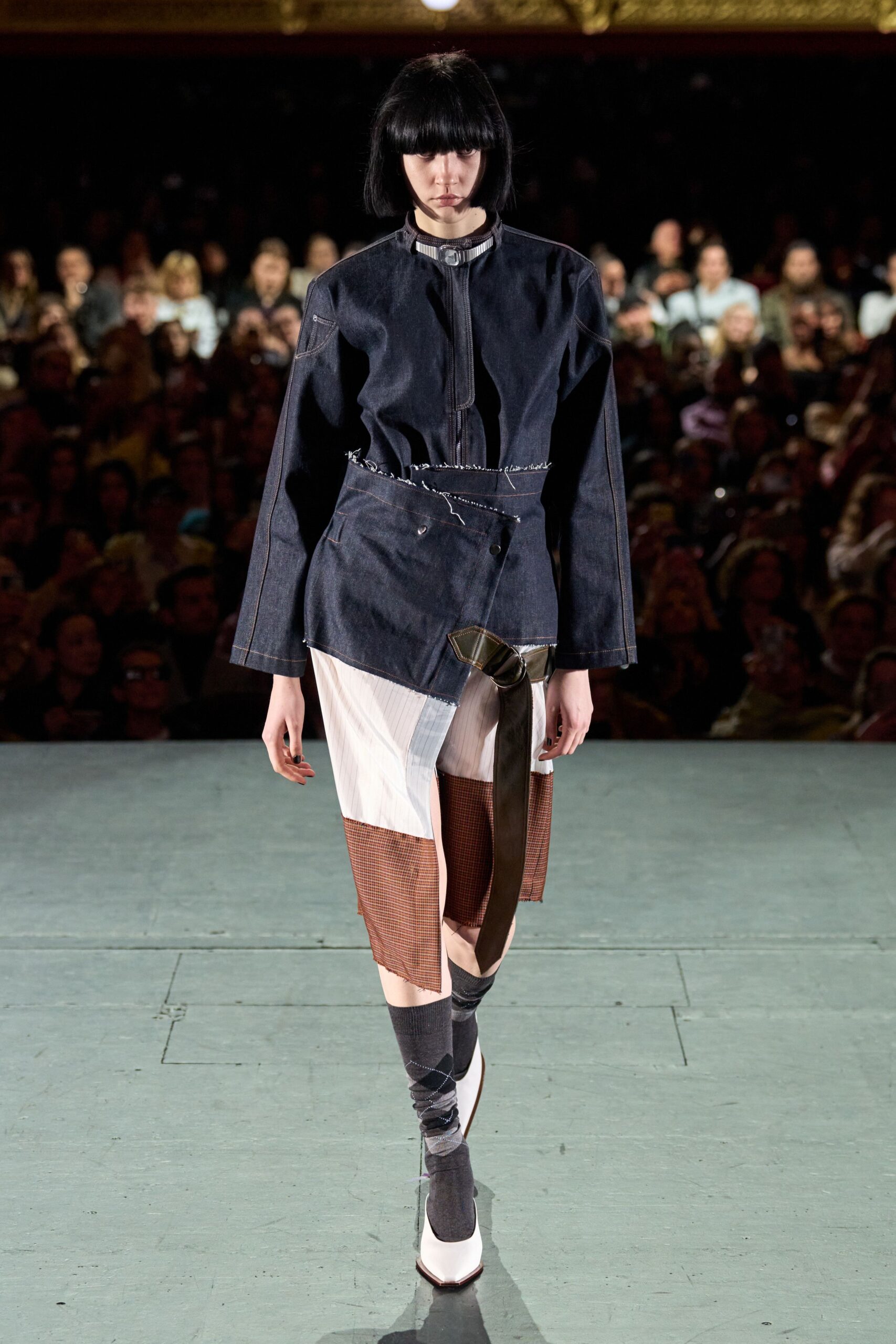 blue denim long-sleeve collared structured buttoned jacket