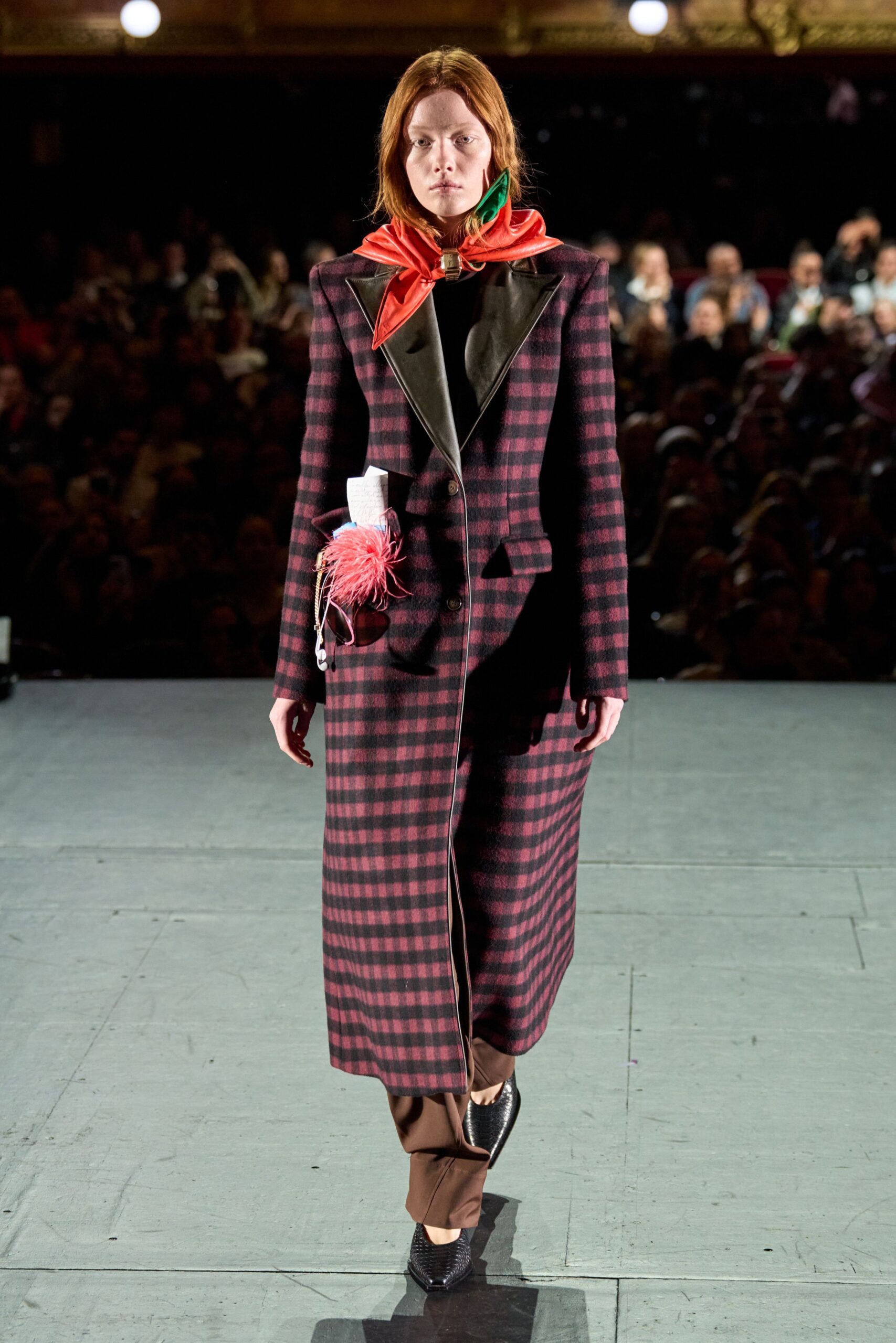 red wool long-sleeve collared tailored checked zippered coat