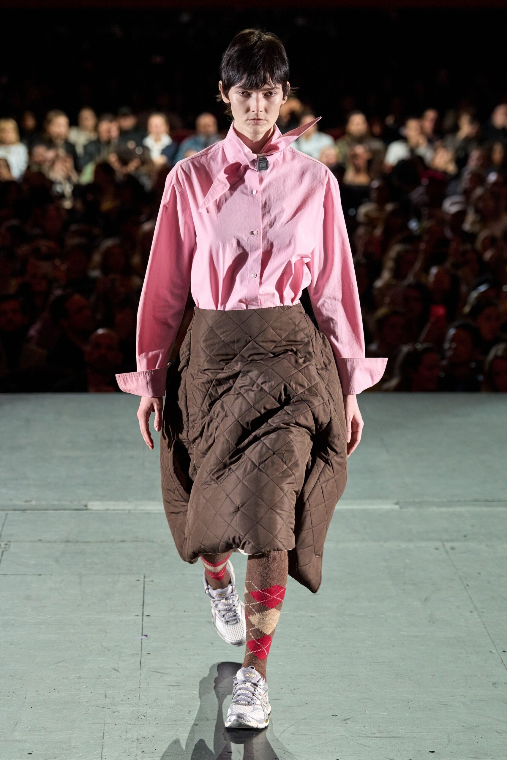 pink shirt brown quilted skirt