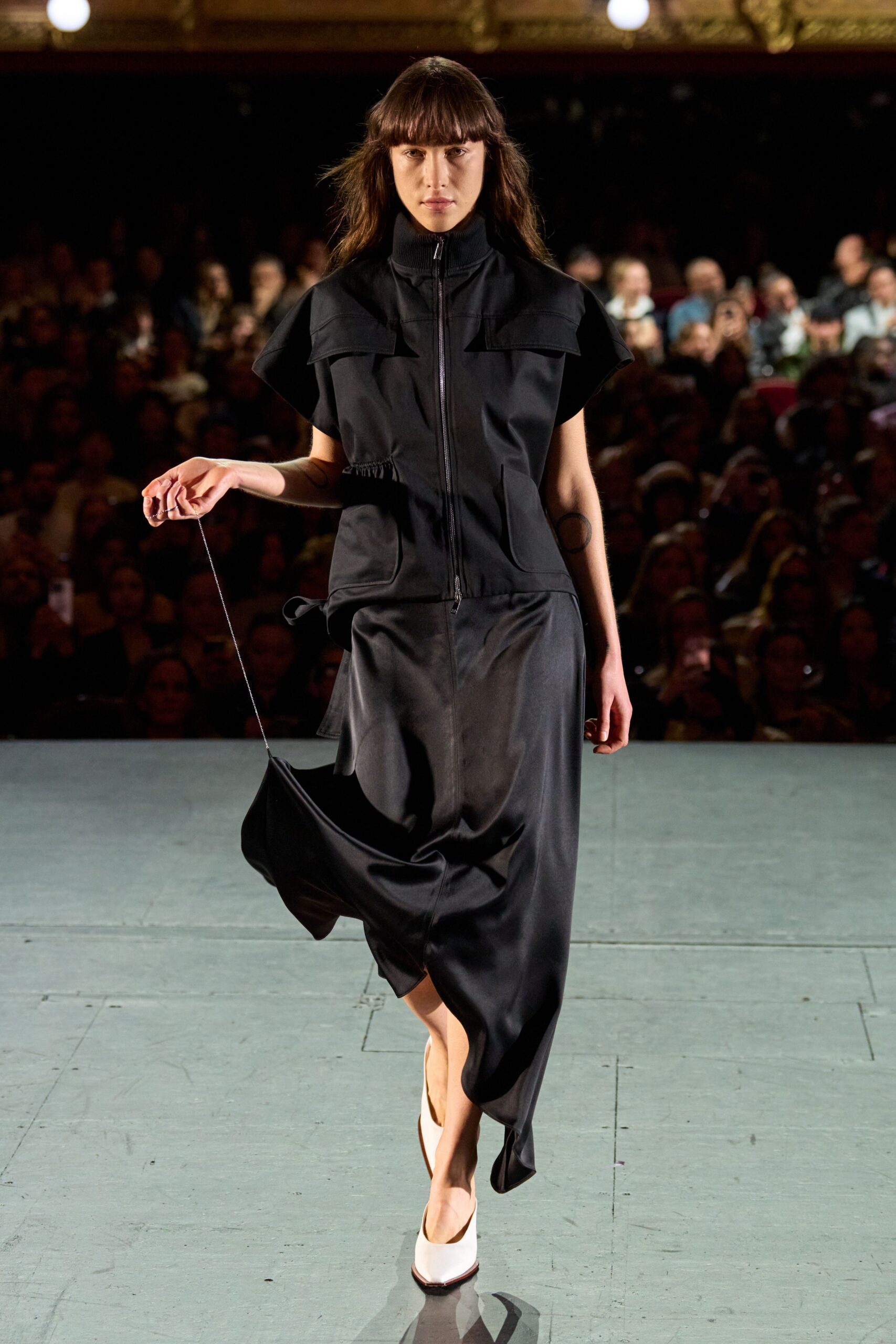 black silk midi dress with white shoes