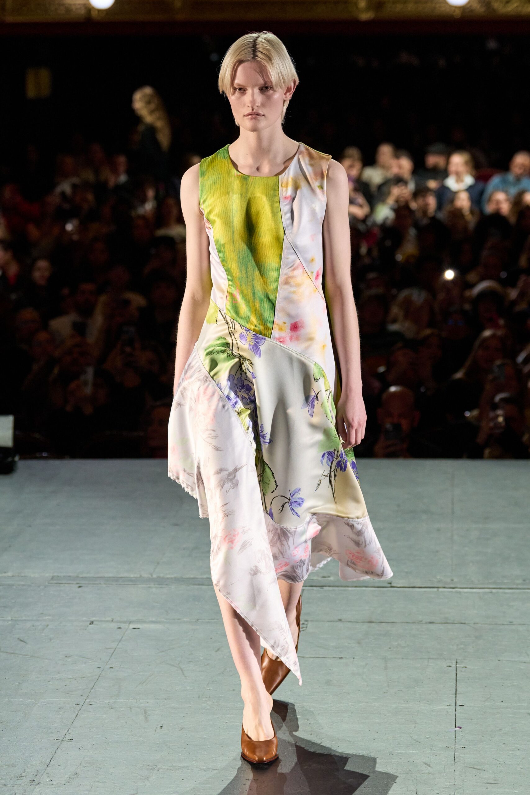 multi silk sleeveless v-neck fitted draped flared dress