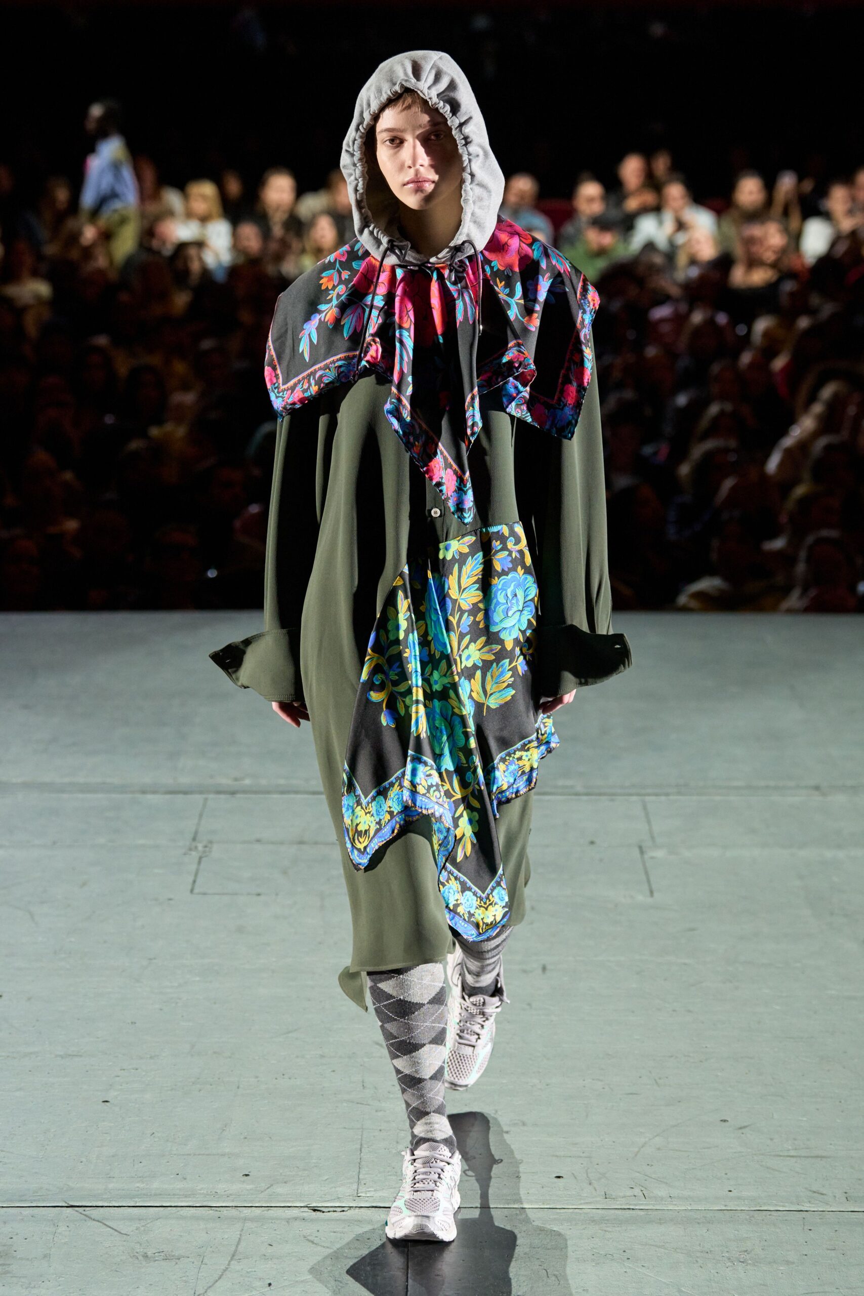 green cotton long-sleeve hooded relaxed floral layered dress