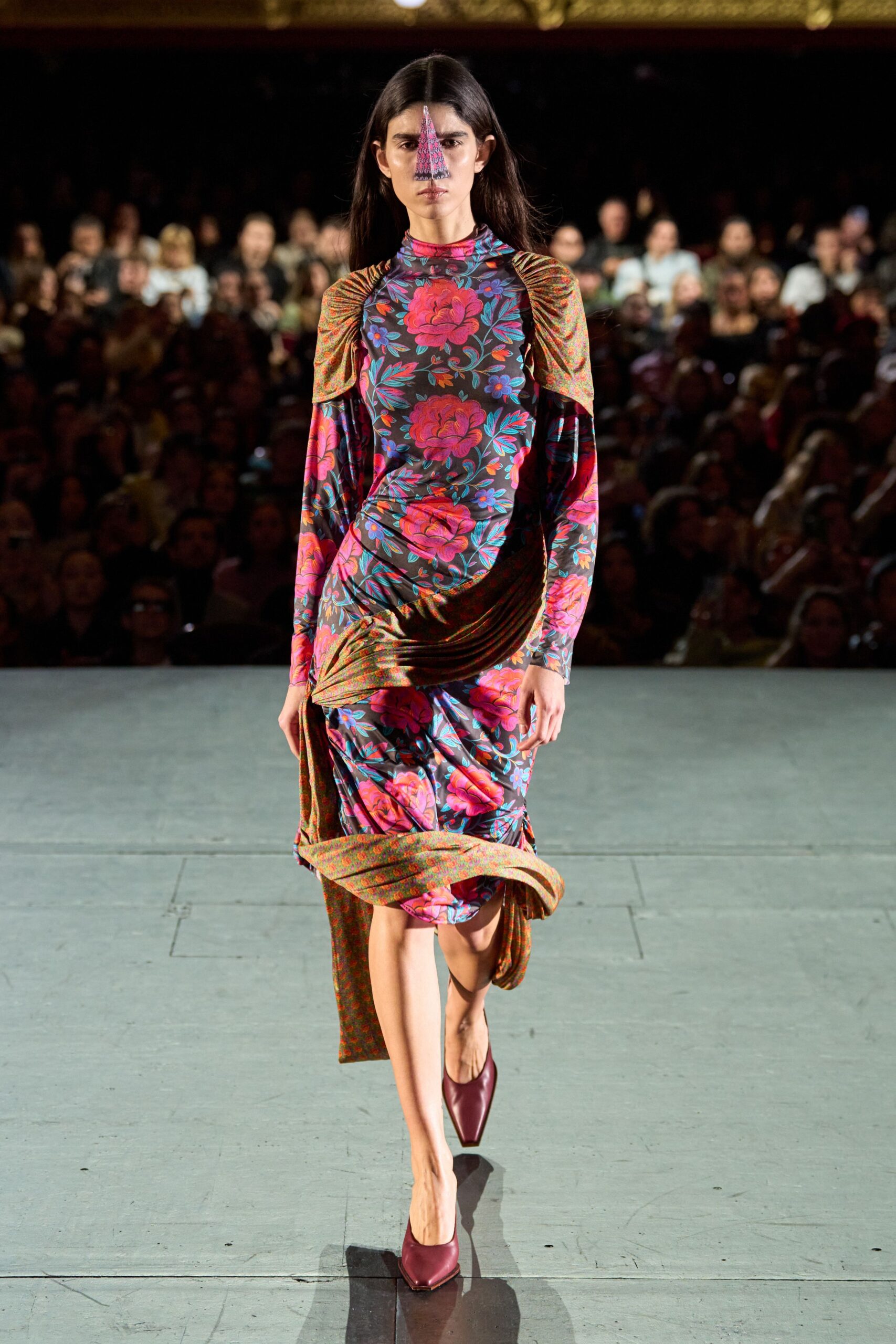 multi silk long-sleeve v-neck fitted floral draped dress