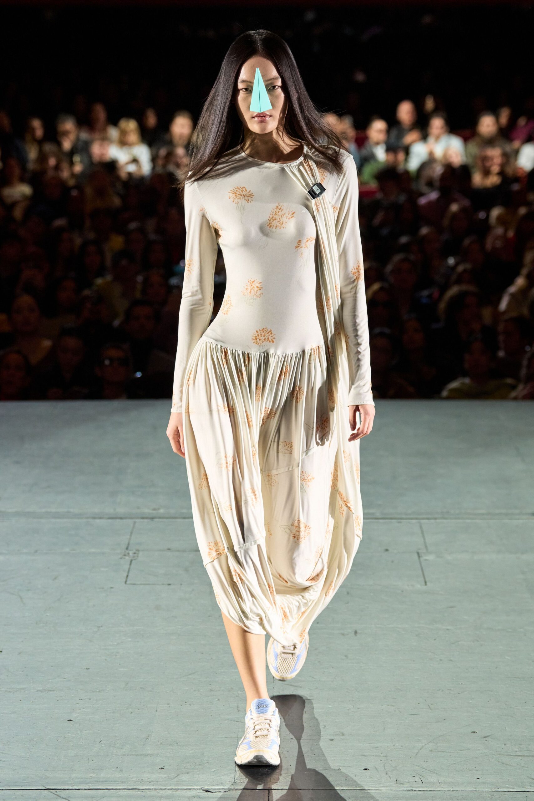 beige cotton long-sleeve v-neck relaxed pleated embroidered dress