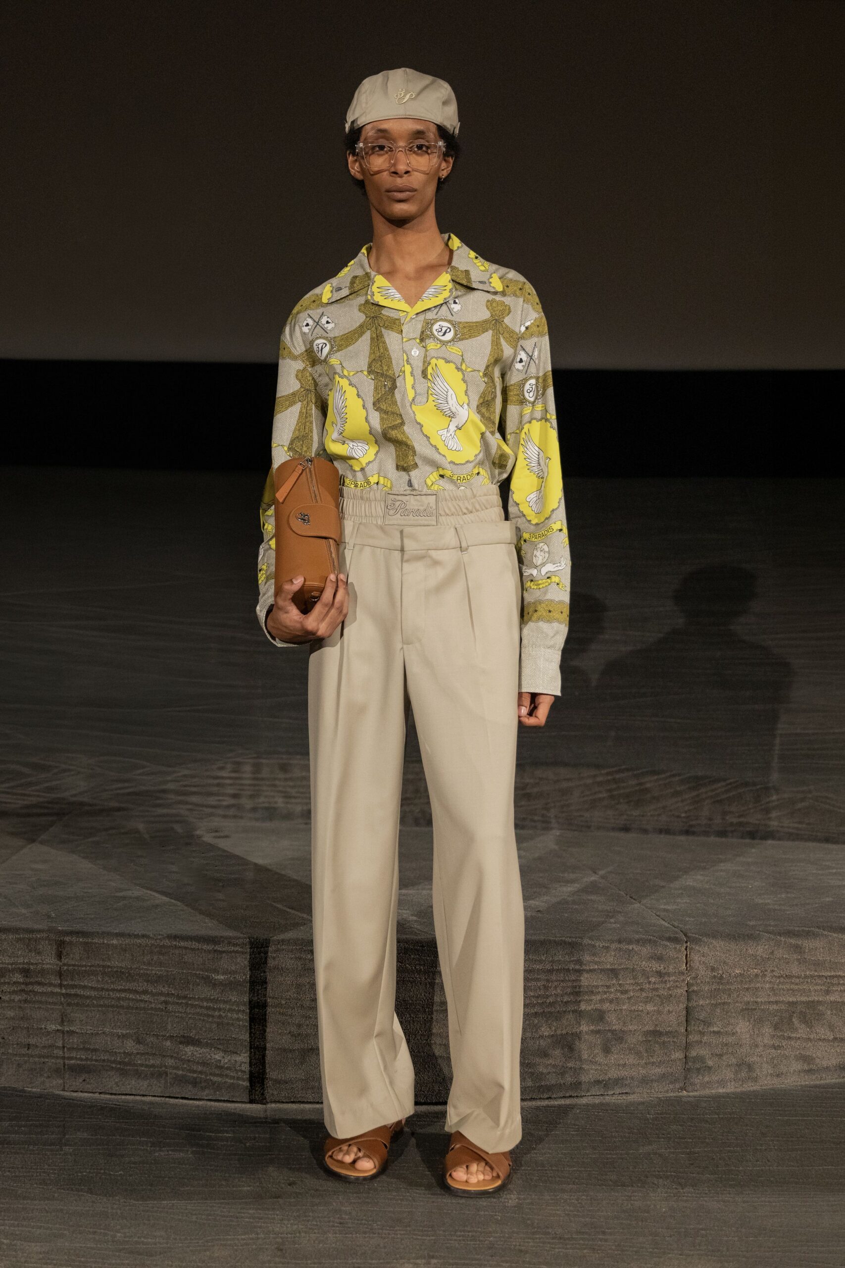 green cotton long-sleeve collared relaxed printed shirt