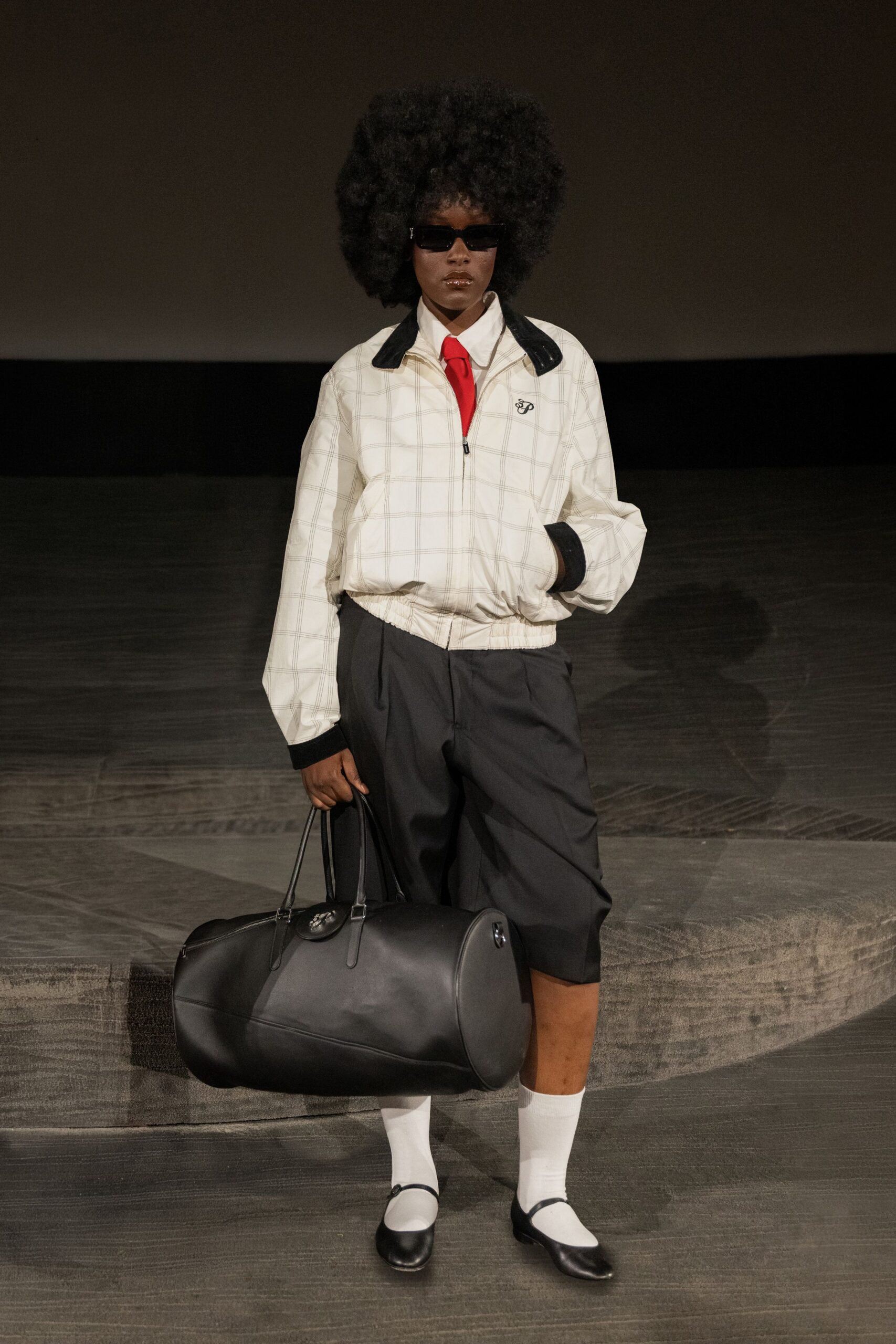 white cotton long-sleeve collared relaxed checked jacket