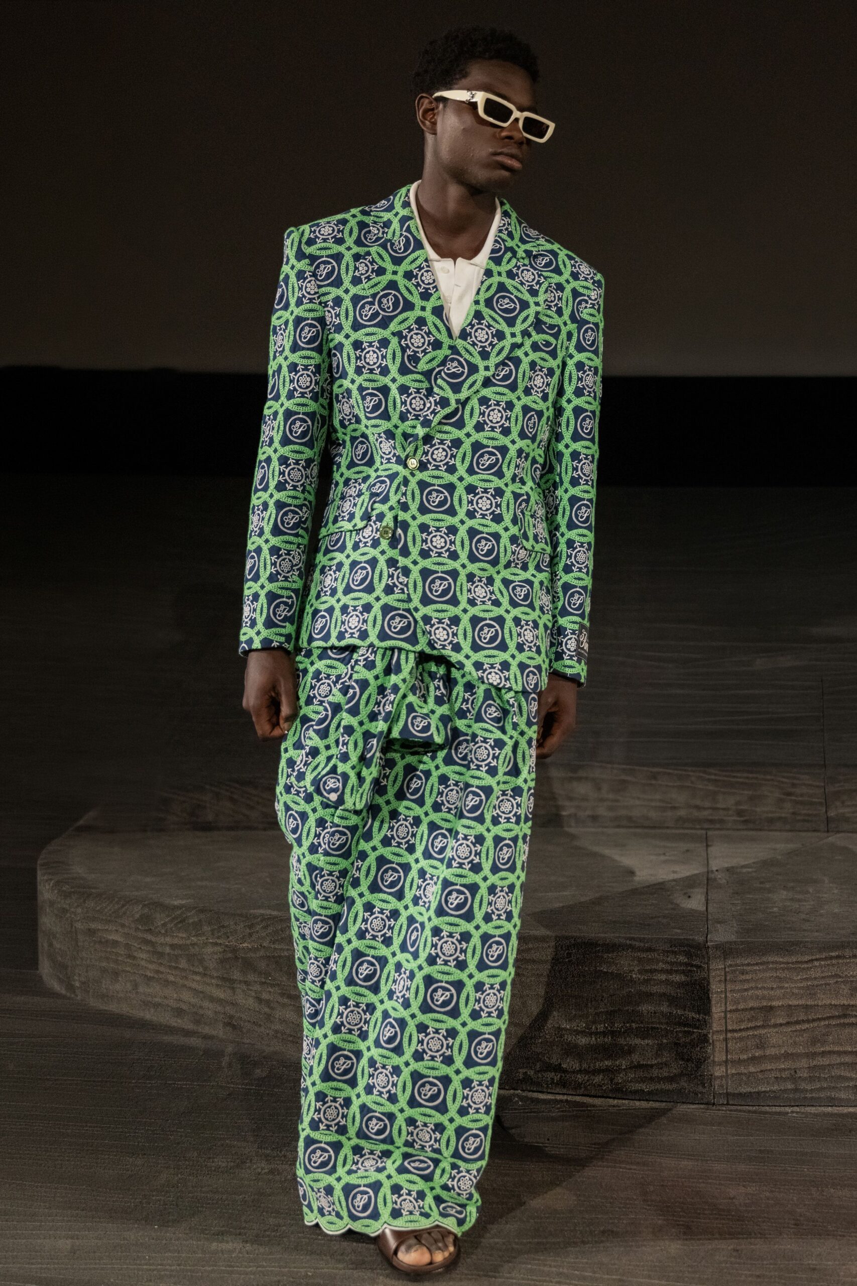 green and blue printed suit