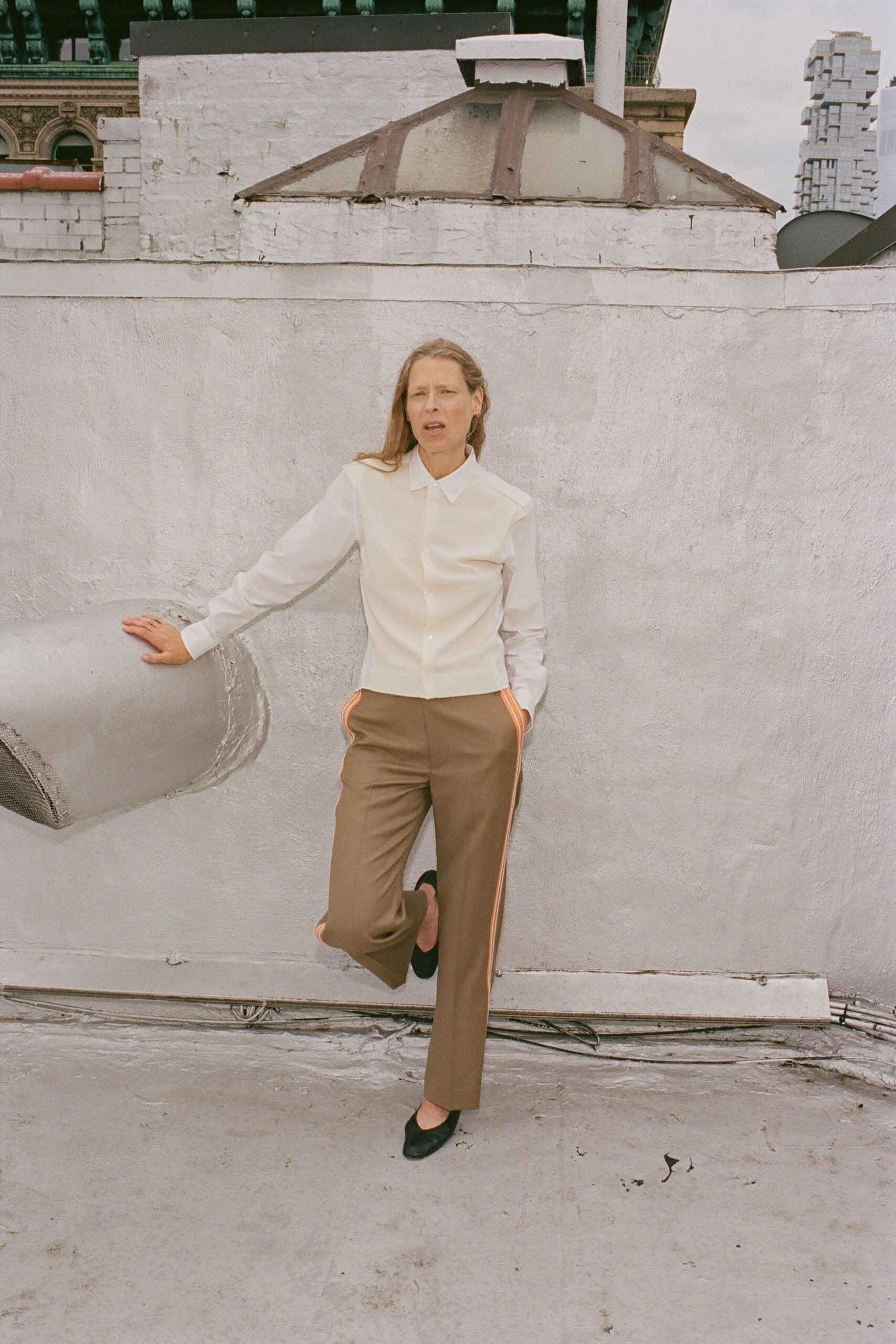 brown cotton tailored straight-leg pants