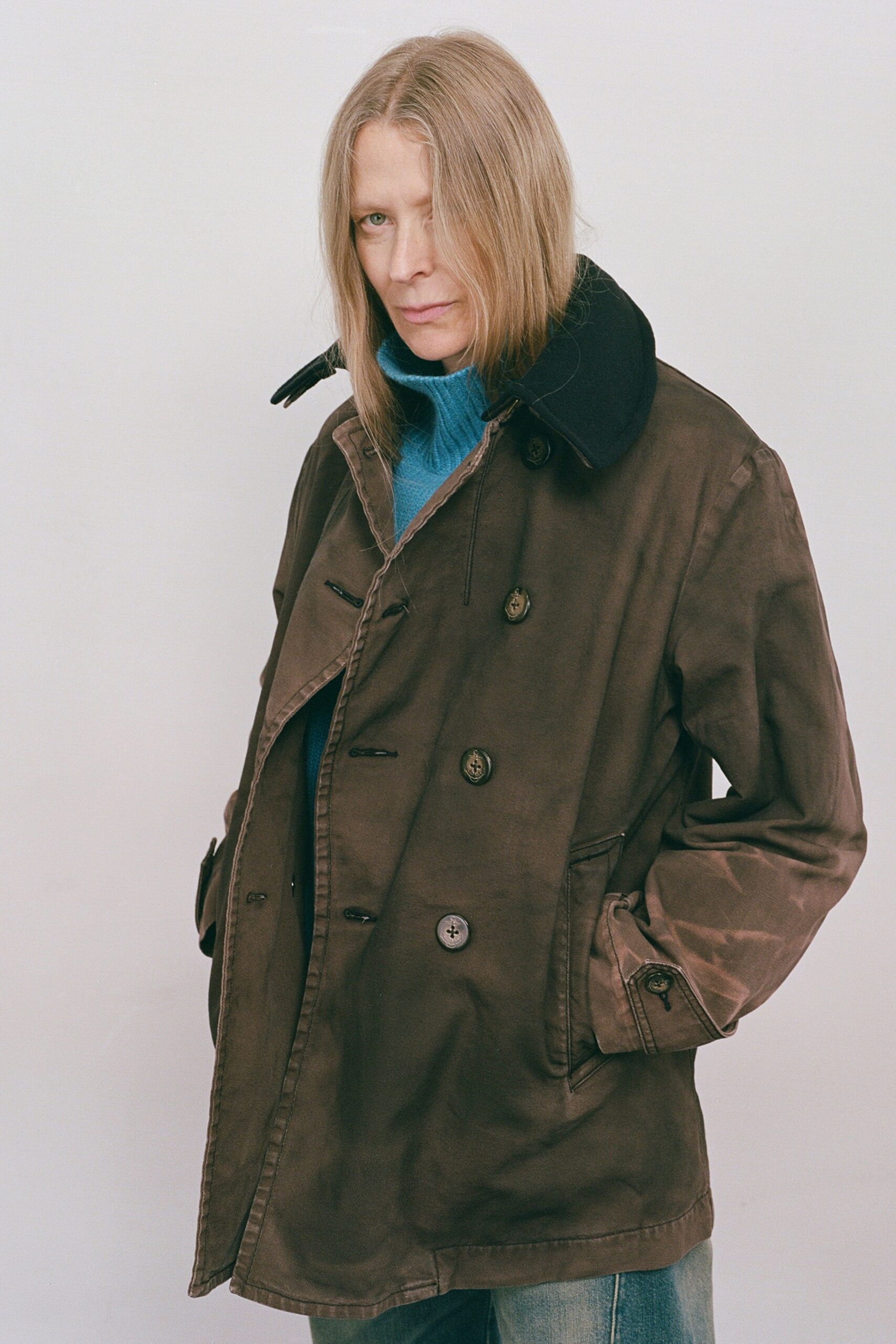 brown cotton long-sleeve collared relaxed coat
