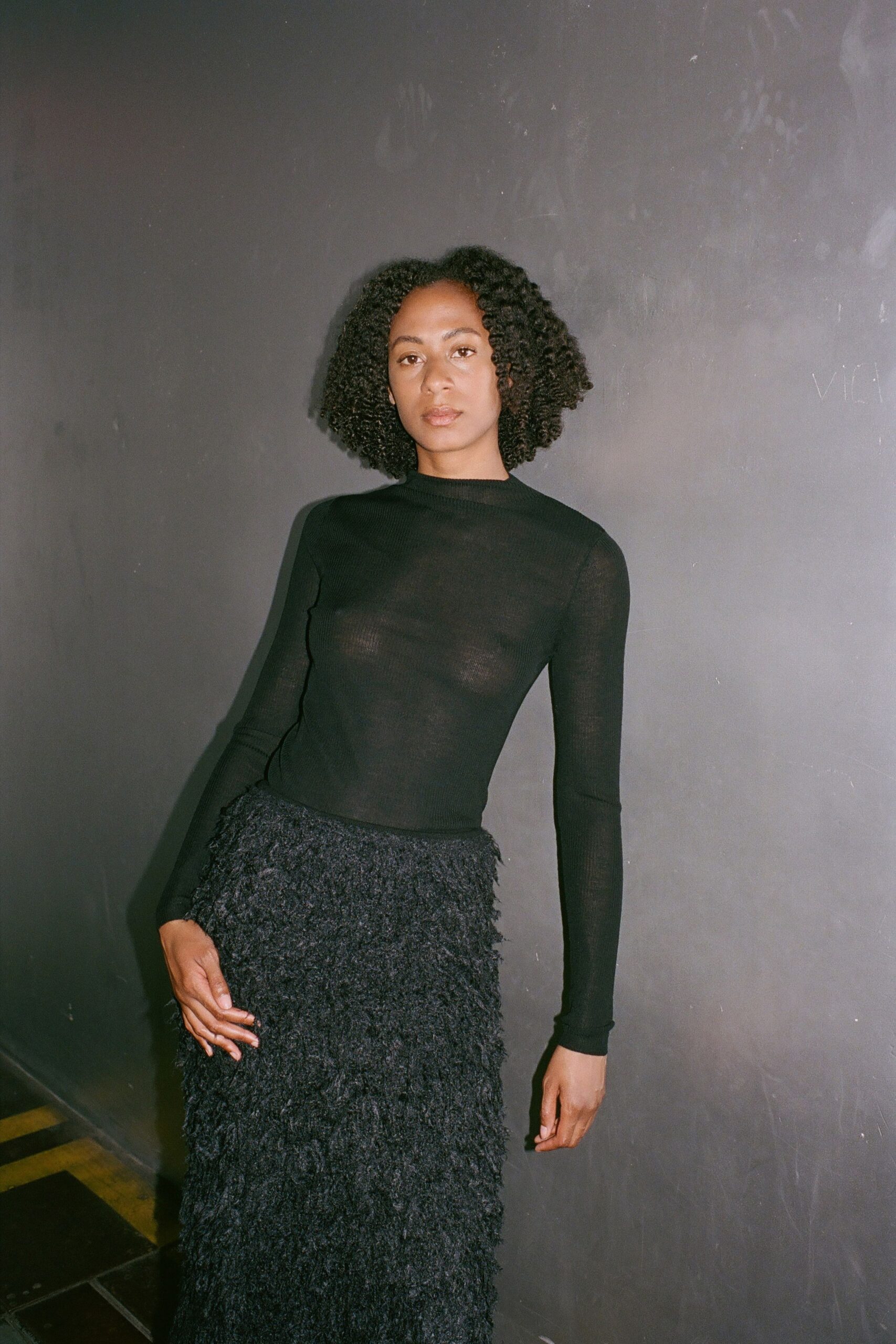 black mesh long-sleeve high-neck fitted sheer top
