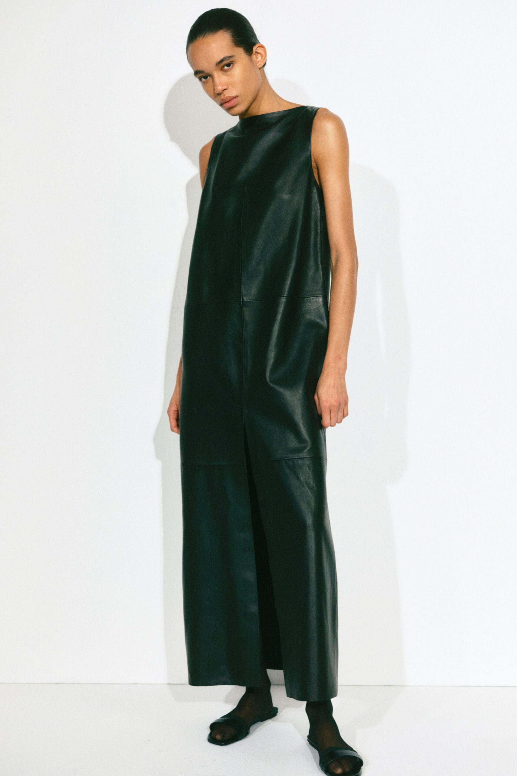black leather sleeveless high-neck fitted straight-leg maxi dress