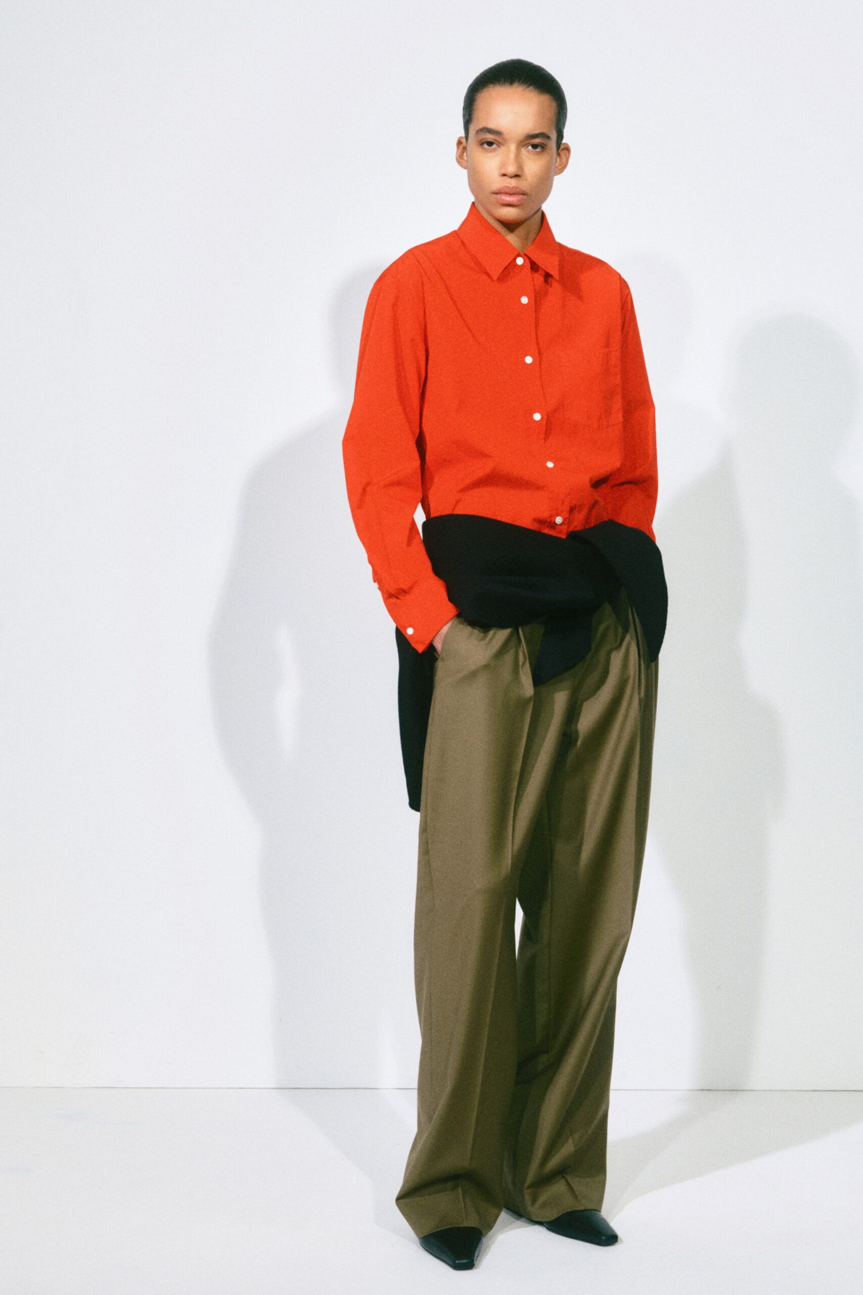 red cotton long-sleeve collared relaxed shirt