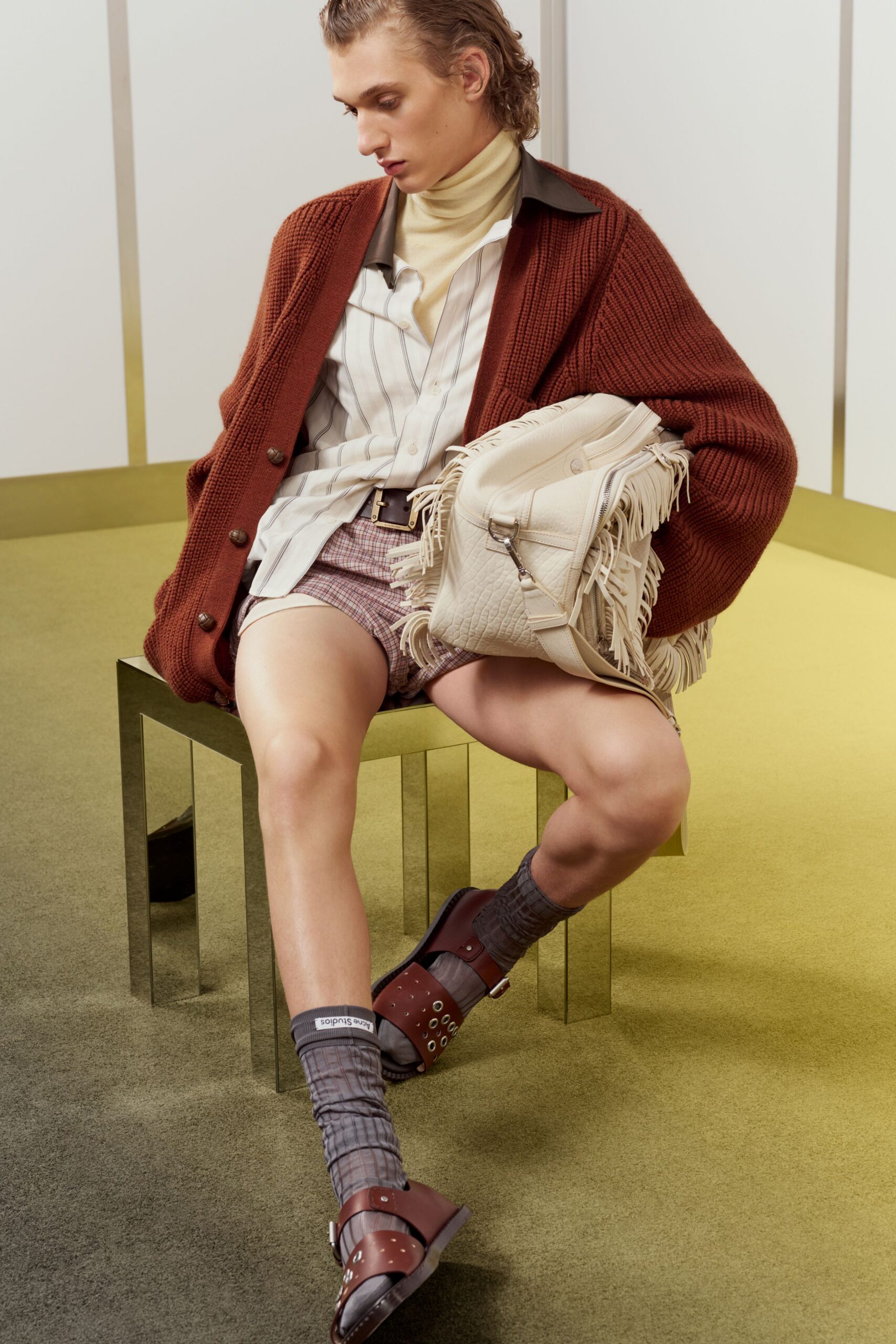 brown oversized cardigan with beige shorts