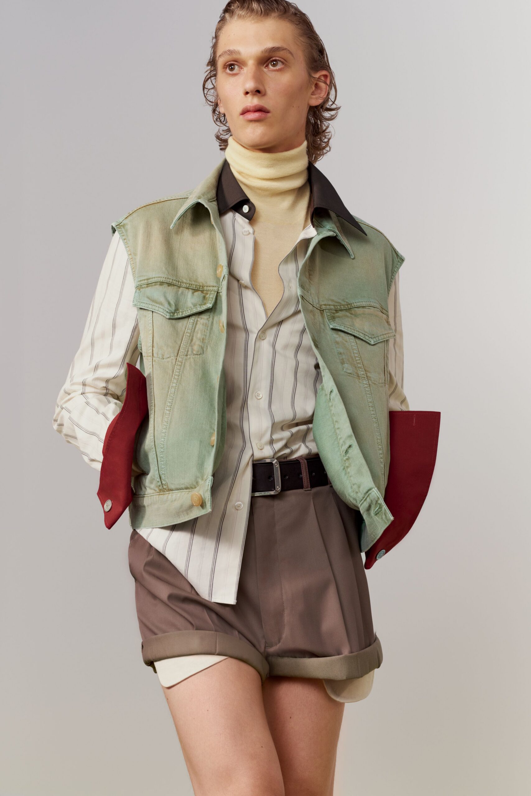 green denim jacket with striped shirt