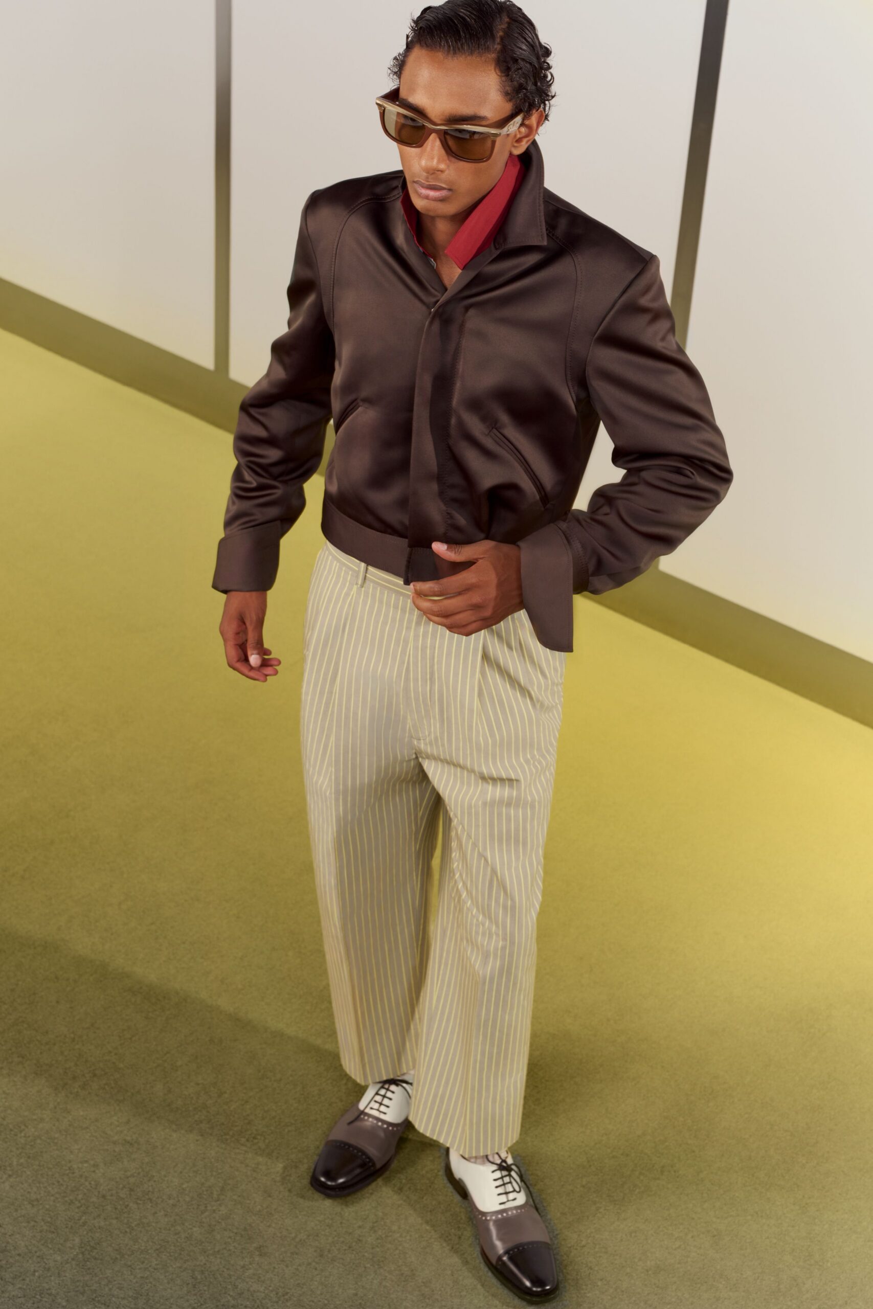 brown silk jacket with striped pants