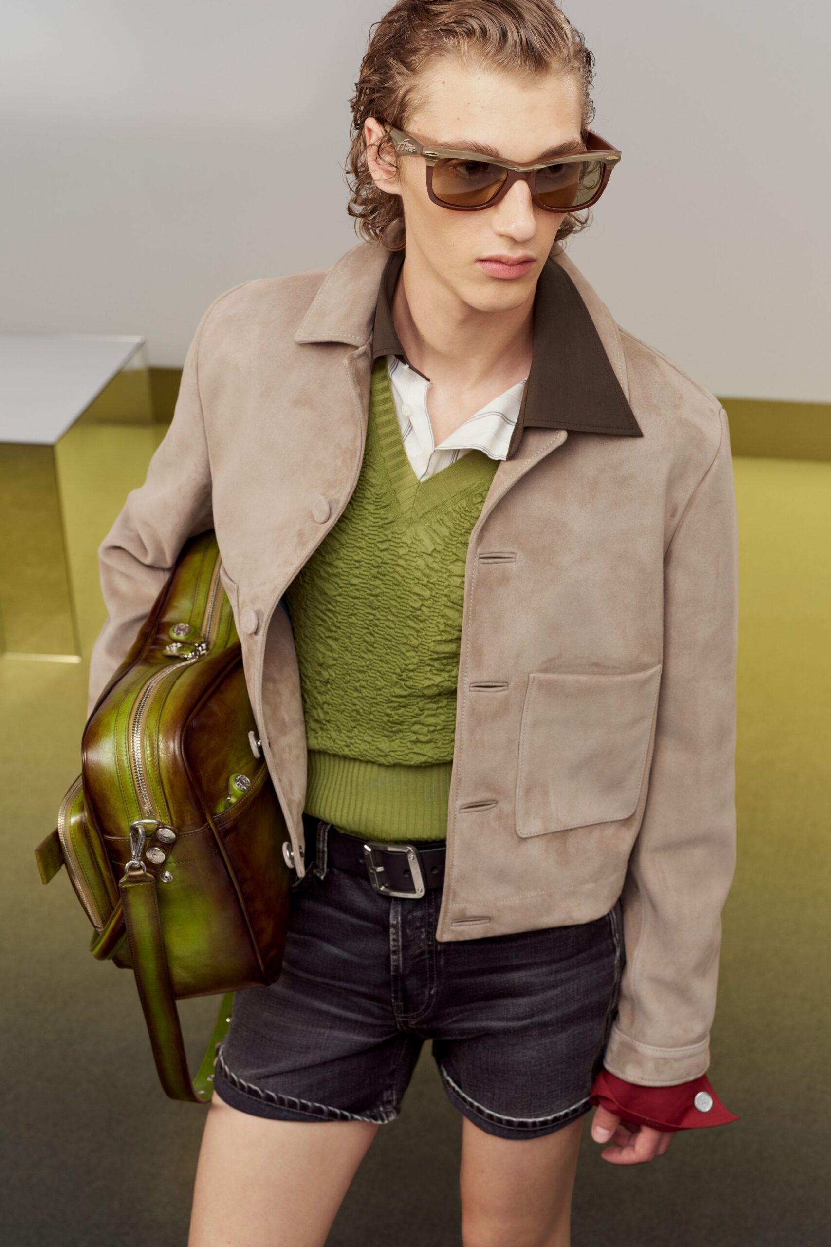 beige suede jacket green sweater