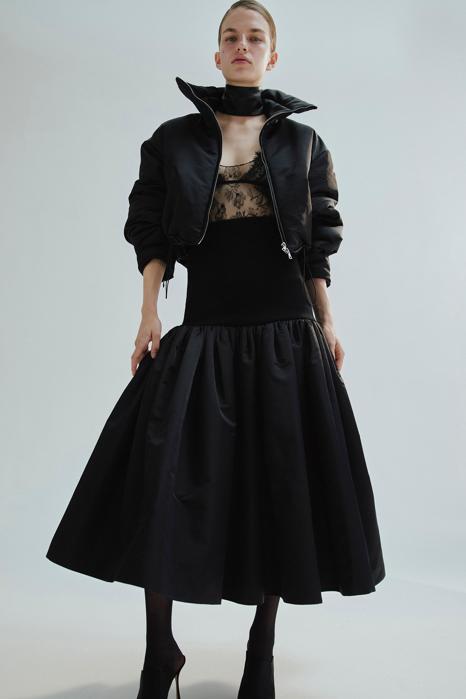 black silk fitted pleated midi skirt