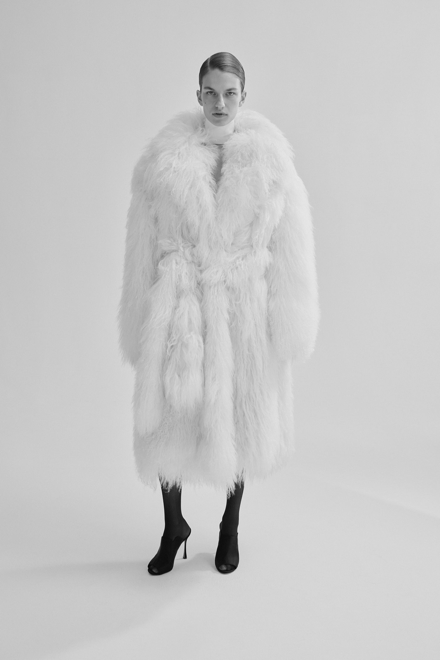 white faux-fur long-sleeve relaxed belted midi coat