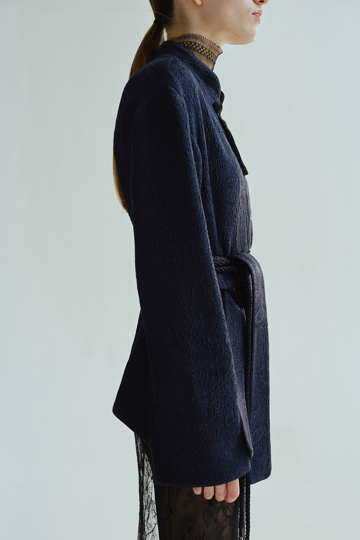 blue cotton long-sleeve collared tailored belted textured jacket