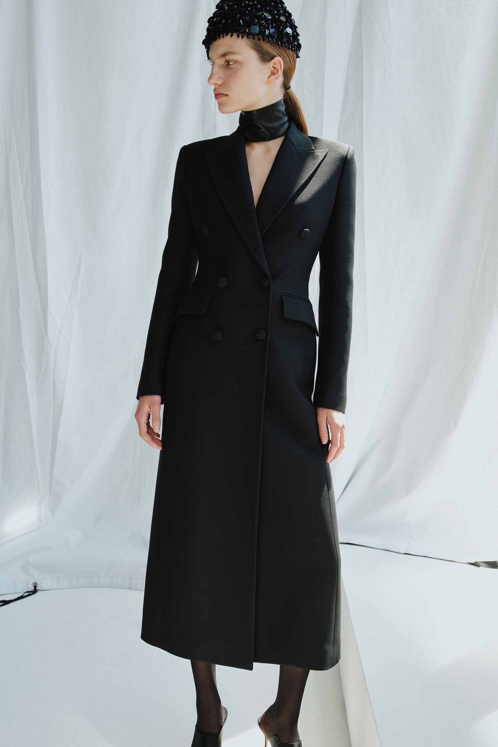 black silk long-sleeve collared fitted straight-leg maxi gown