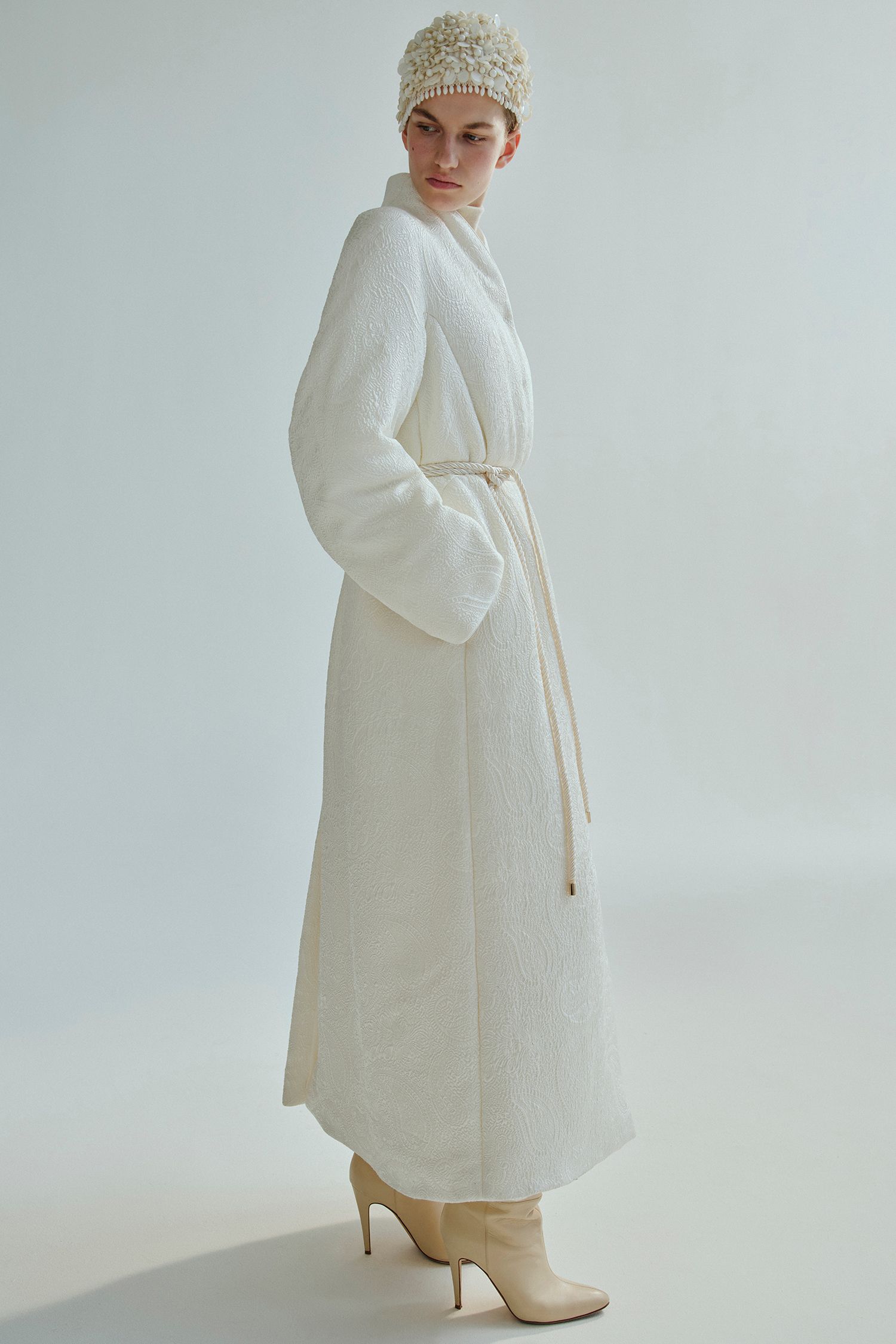 white cotton long-sleeve collared relaxed belted embroidered coat