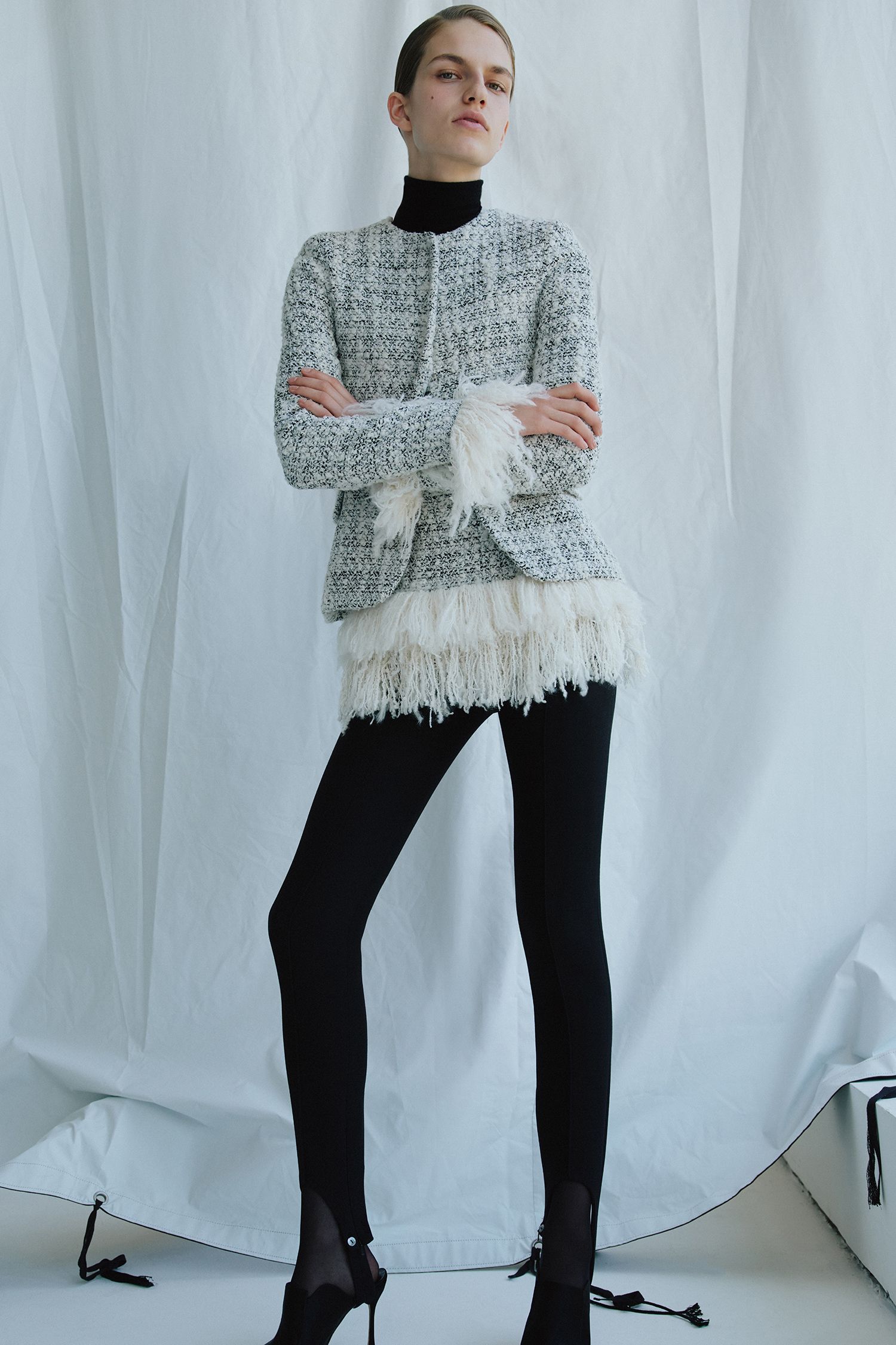 gray cotton long-sleeve high-neck fitted fringed top